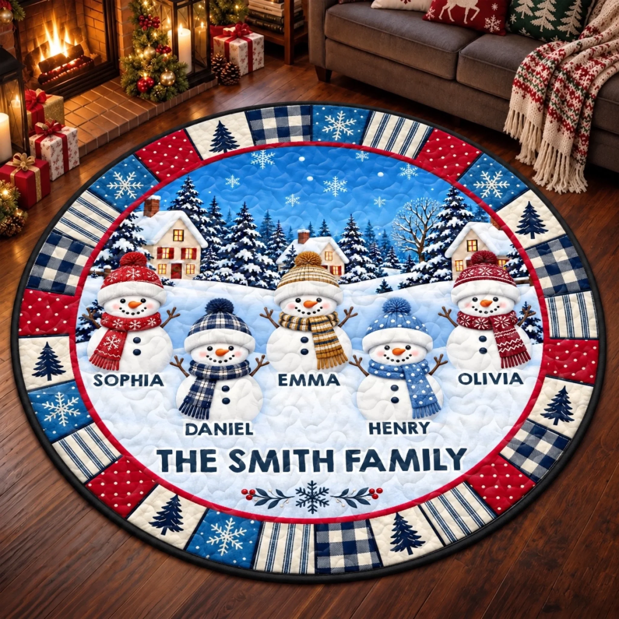 Personalized Quilted Round Mat with Custom Name Snowman Christmas Family Scene Decor