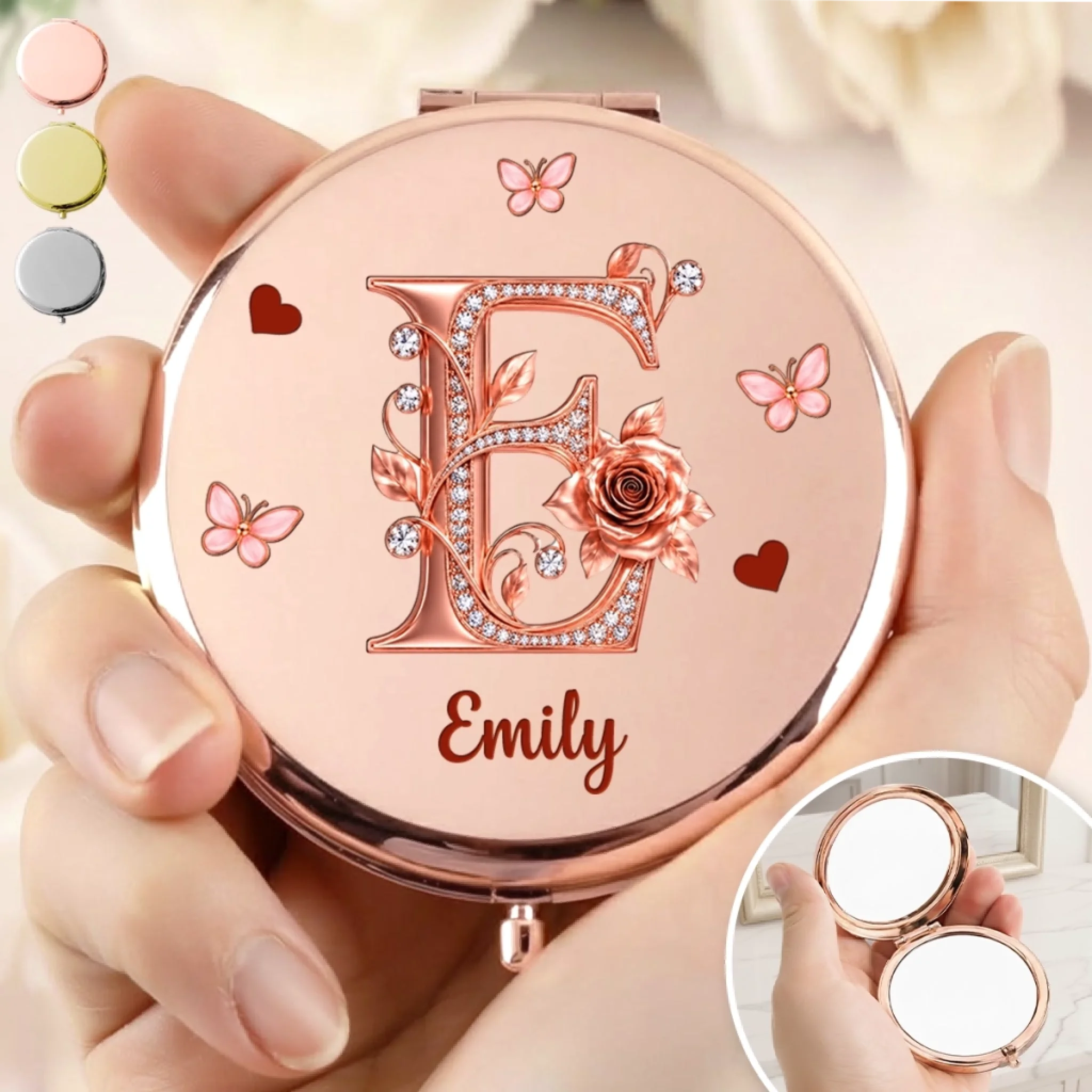 Personalized Floral Initial Compact Mirror with Custom Name, Gift for Women