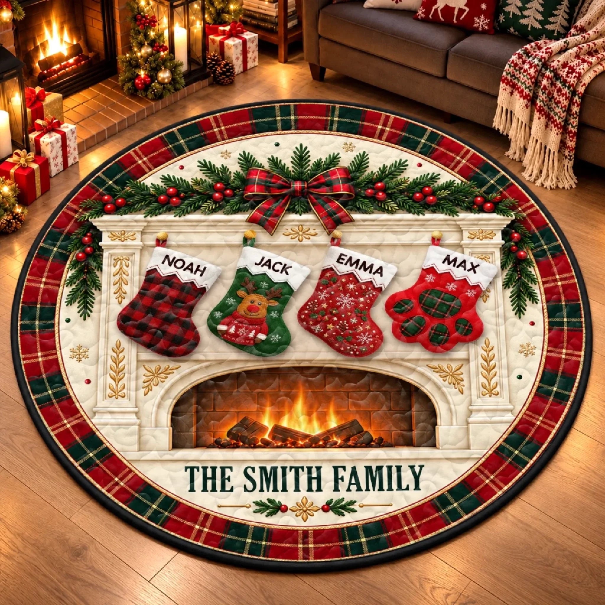 Personalized Christmas Stockings Family Fireplace Decor Custom Name Quilted Round Mat