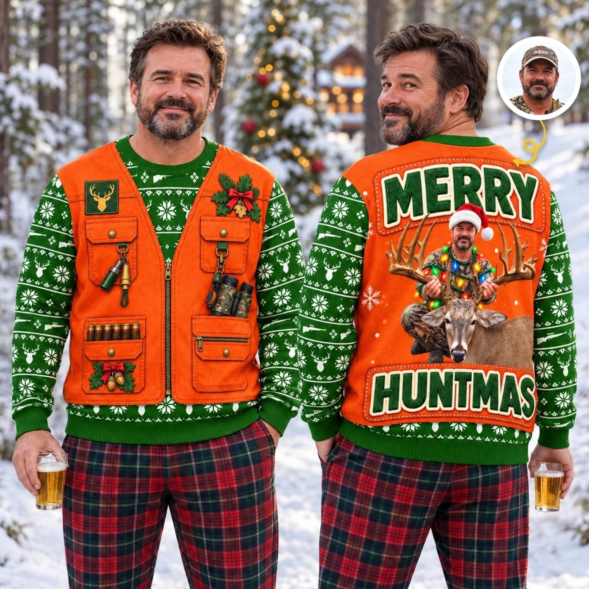 Custom Photo Merry Huntmas Deer Scene Sweatshirt for Him, Personalized Ugly Christmas Gift