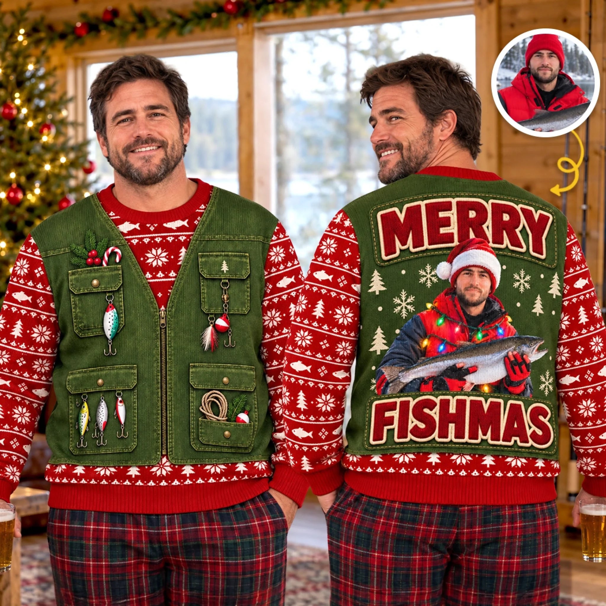 Personalized Ugly Christmas Sweatshirt for Him, Custom Photo Merry Huntmas Deer Scene Gift