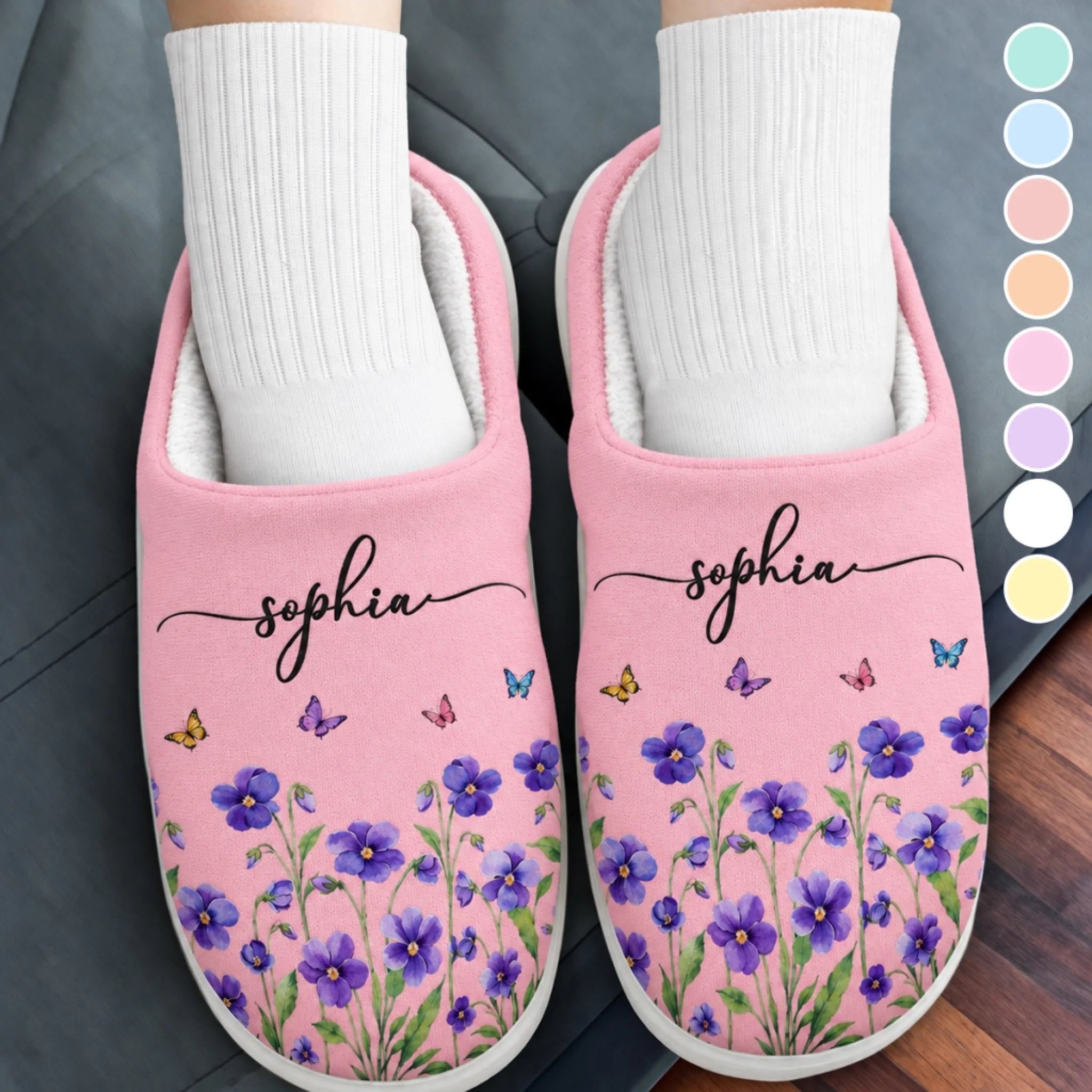Personalized Fluffy Slippers for Women with Custom Name and Birth Month Flowers Gift