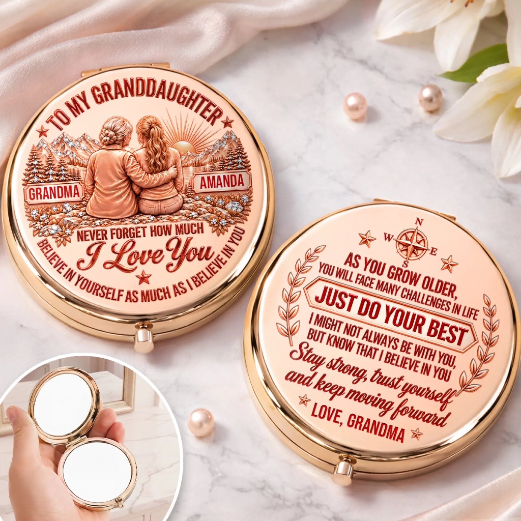 Custom Name Encouragement Gift for Granddaughter or Daughter Personalized Compact Mirror