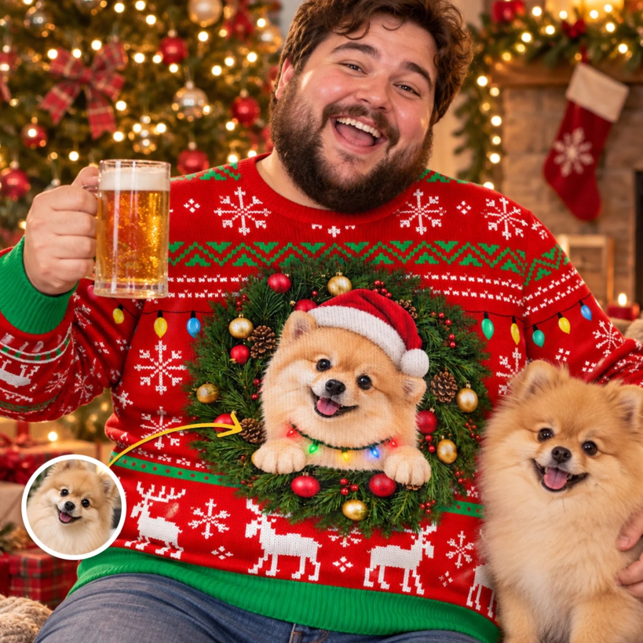 Personalized Ugly Christmas Sweatshirt with Custom Pet Photo Wreath for Dog and Cat Lovers