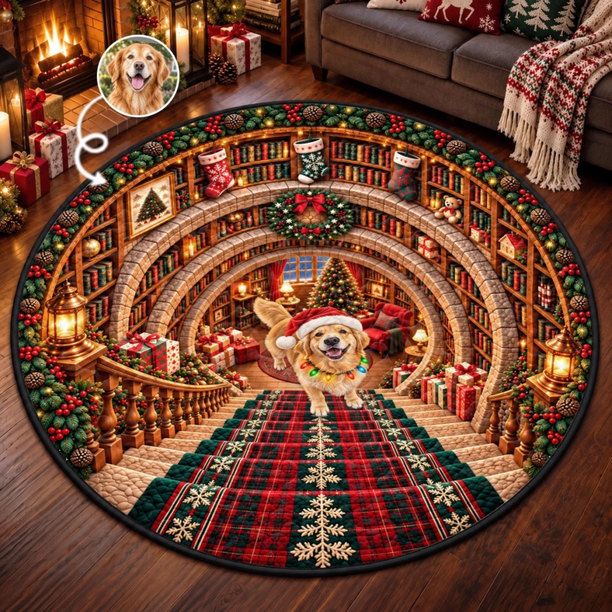 Custom Pet Photo Christmas Reading Nook Personalized Quilted Round Mat Gift for Pet Lovers