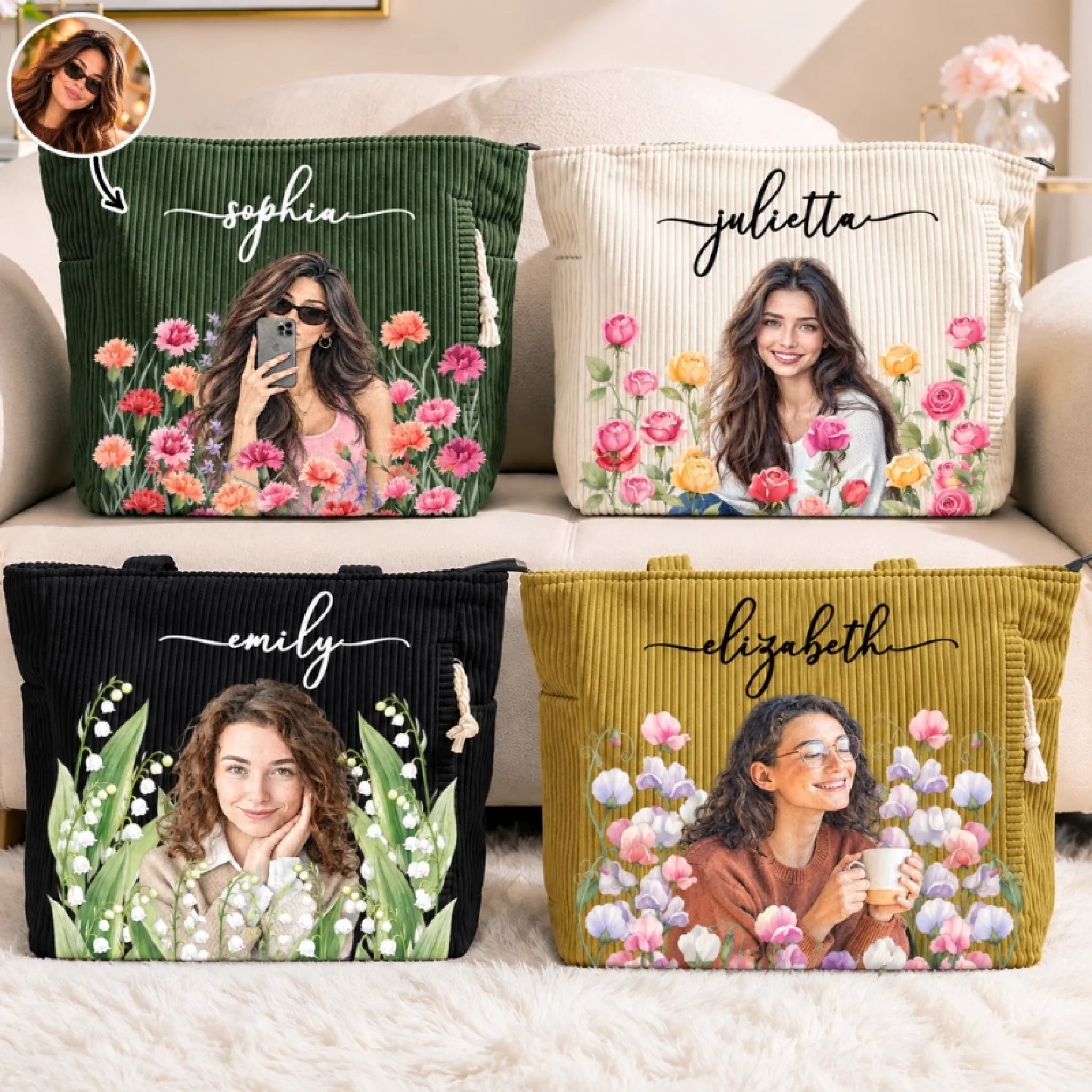 Personalized Corduroy Tote Bag with Custom Photo and Birth Month Flowers Gift for Women