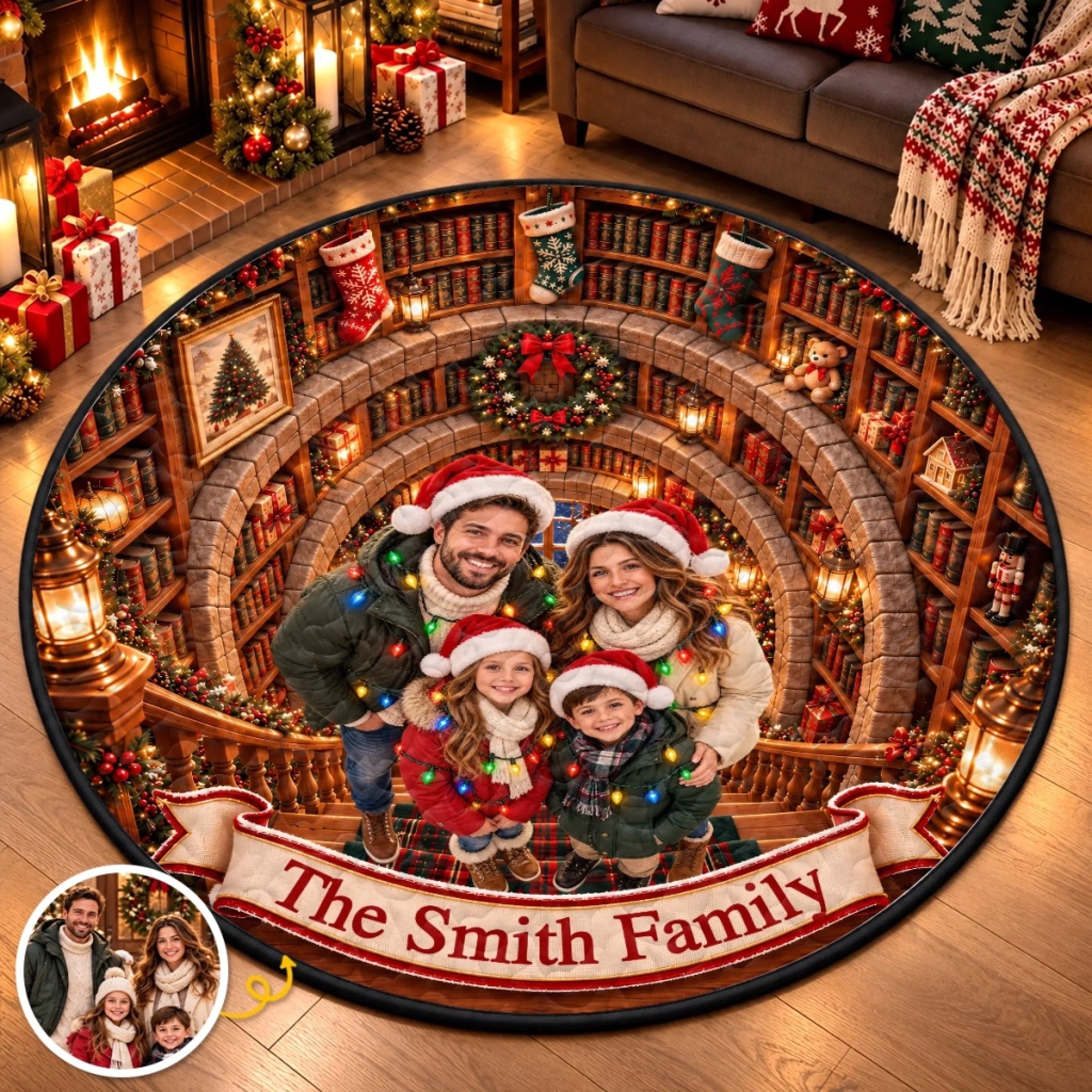 Personalized Photo Christmas Family Library Decor Quilted Round Mat, Custom Holiday Gift