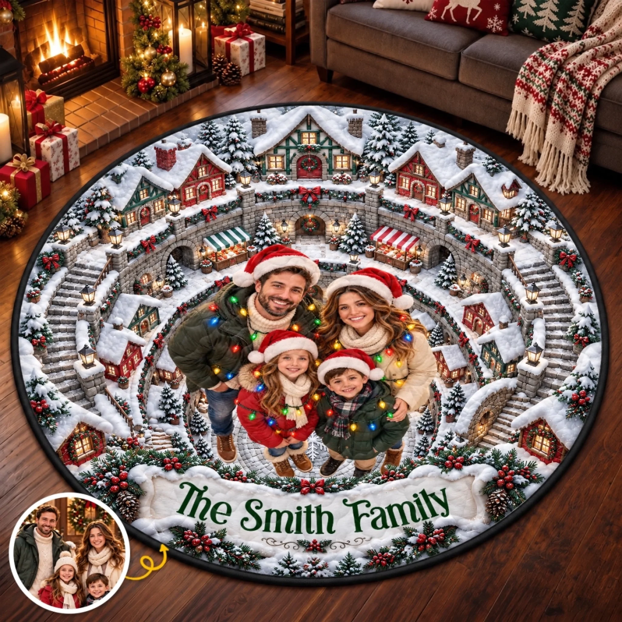 Custom Photo Christmas Village Family Decor Personalized Quilted Round Mat Gift