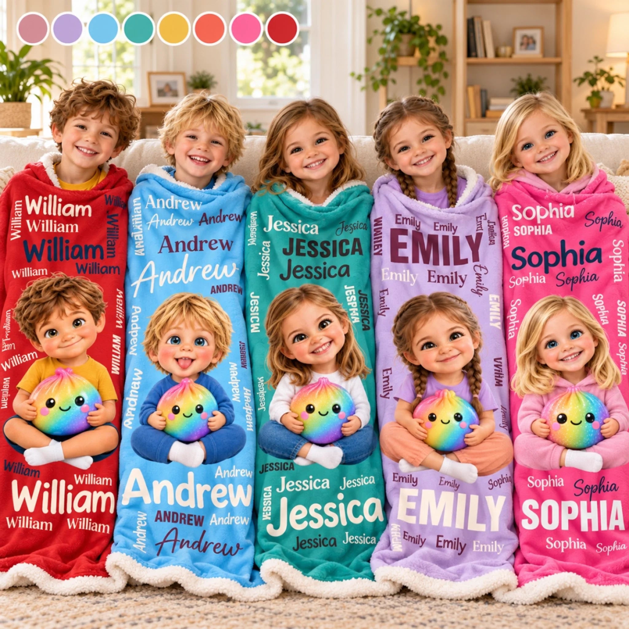 Personalized Kids Blanket with Custom Name and Photo, Rainbow Squishy Character Gift