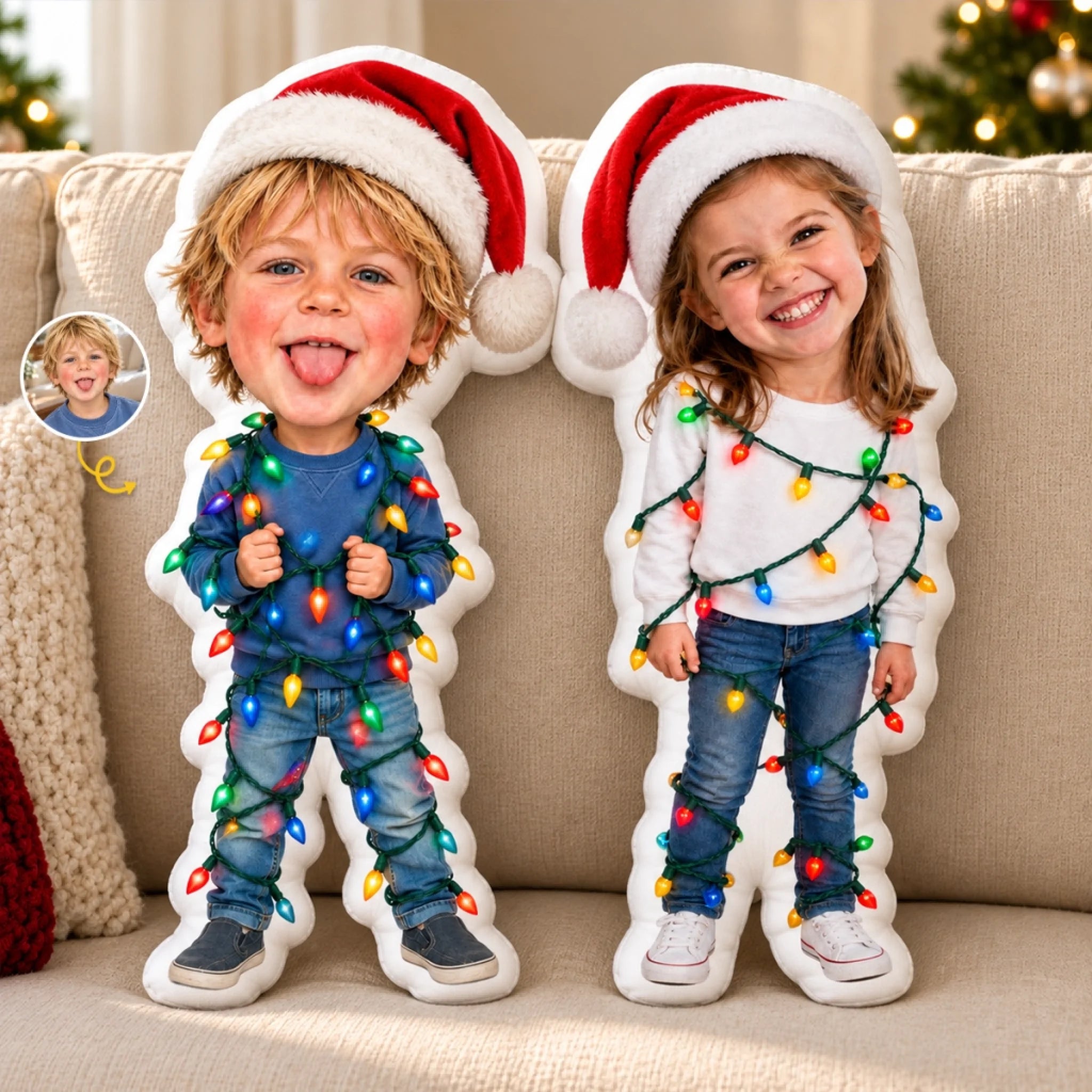 Custom Photo Christmas Shaped Pillow for Kids, Personalized Holiday Gift