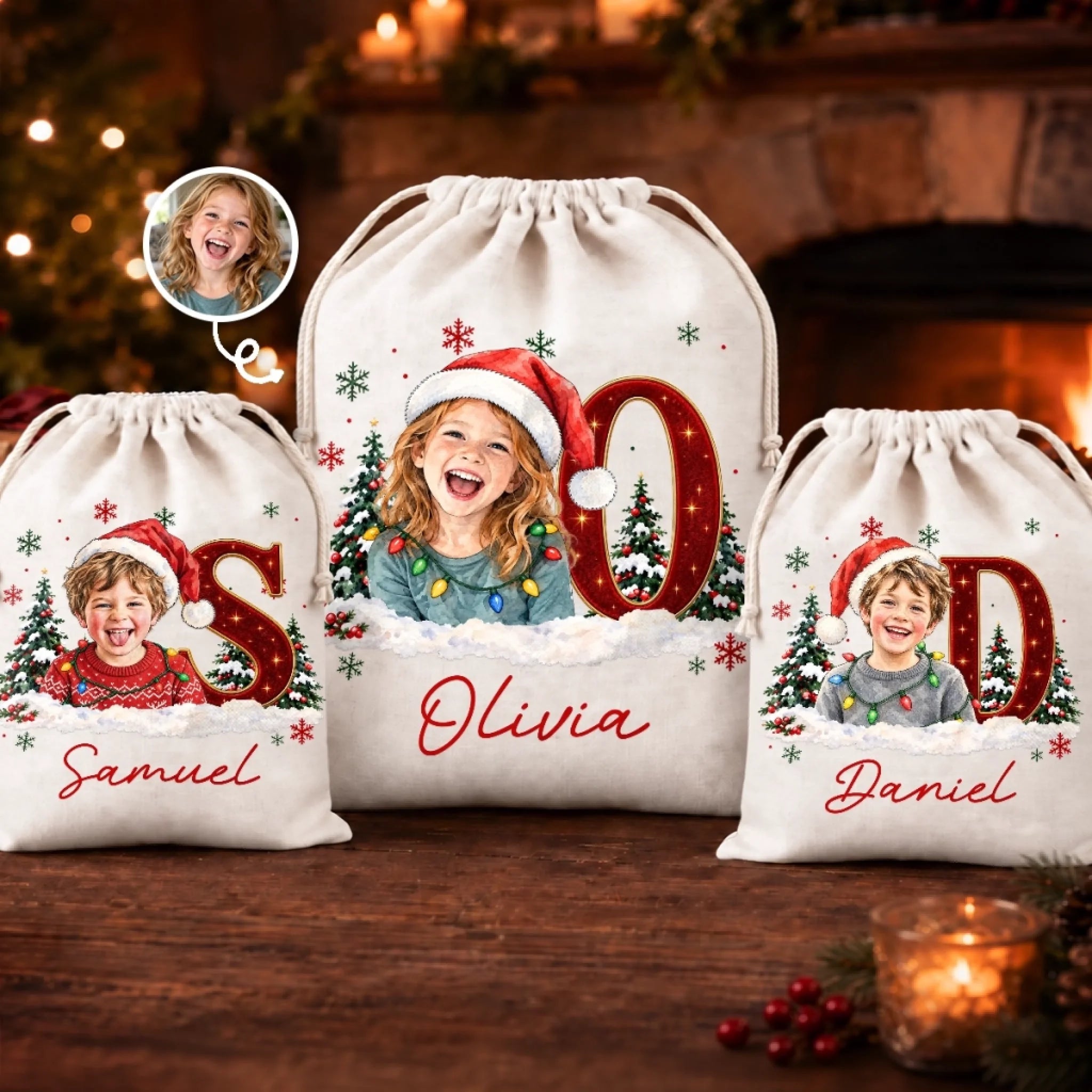 Personalized Santa Photo Christmas Drawstring Gift Bag for Kids, Custom Holiday Present Sack