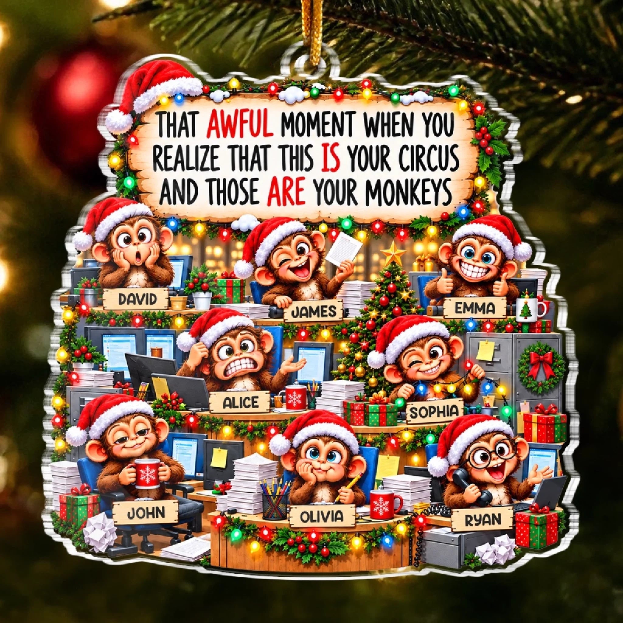 Personalized Acrylic Christmas Office Monkey Ornament, Custom Name Holiday Gift for Coworkers