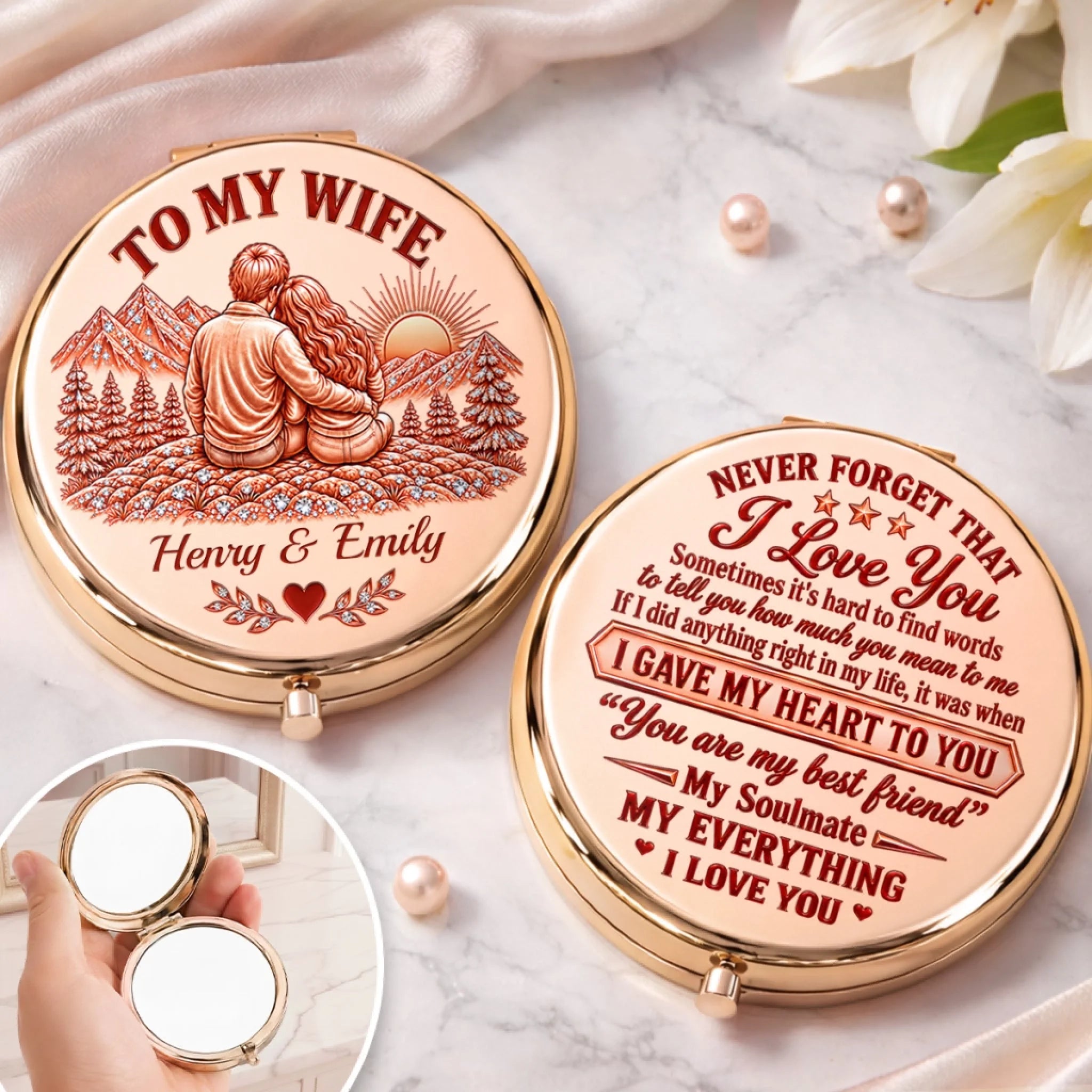 Personalized Compact Mirror with Custom Name, Love Never Forget That I Love You Anniversary Gift for Wife