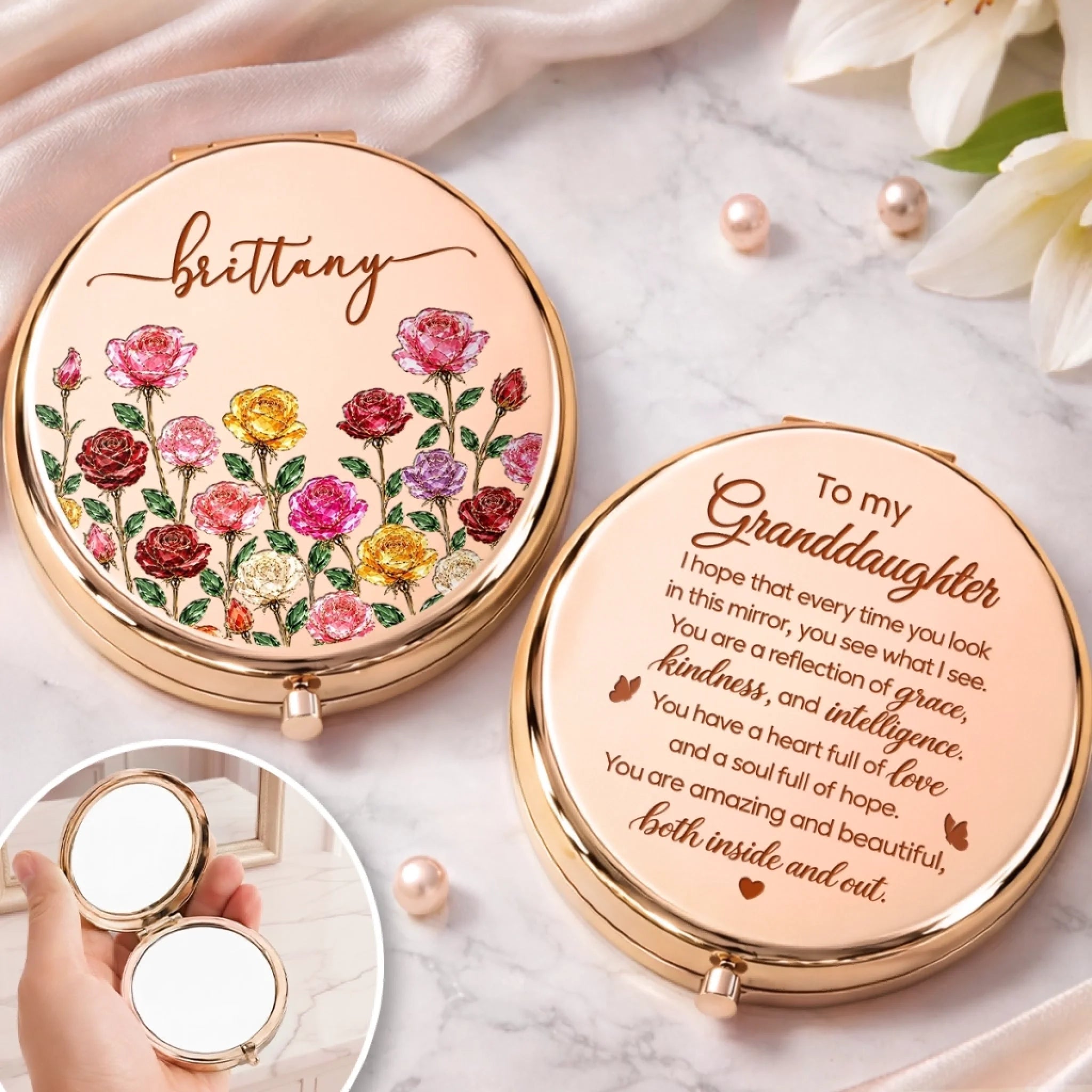 Custom Name Birth Flower Compact Mirror Personalized Granddaughter Gift