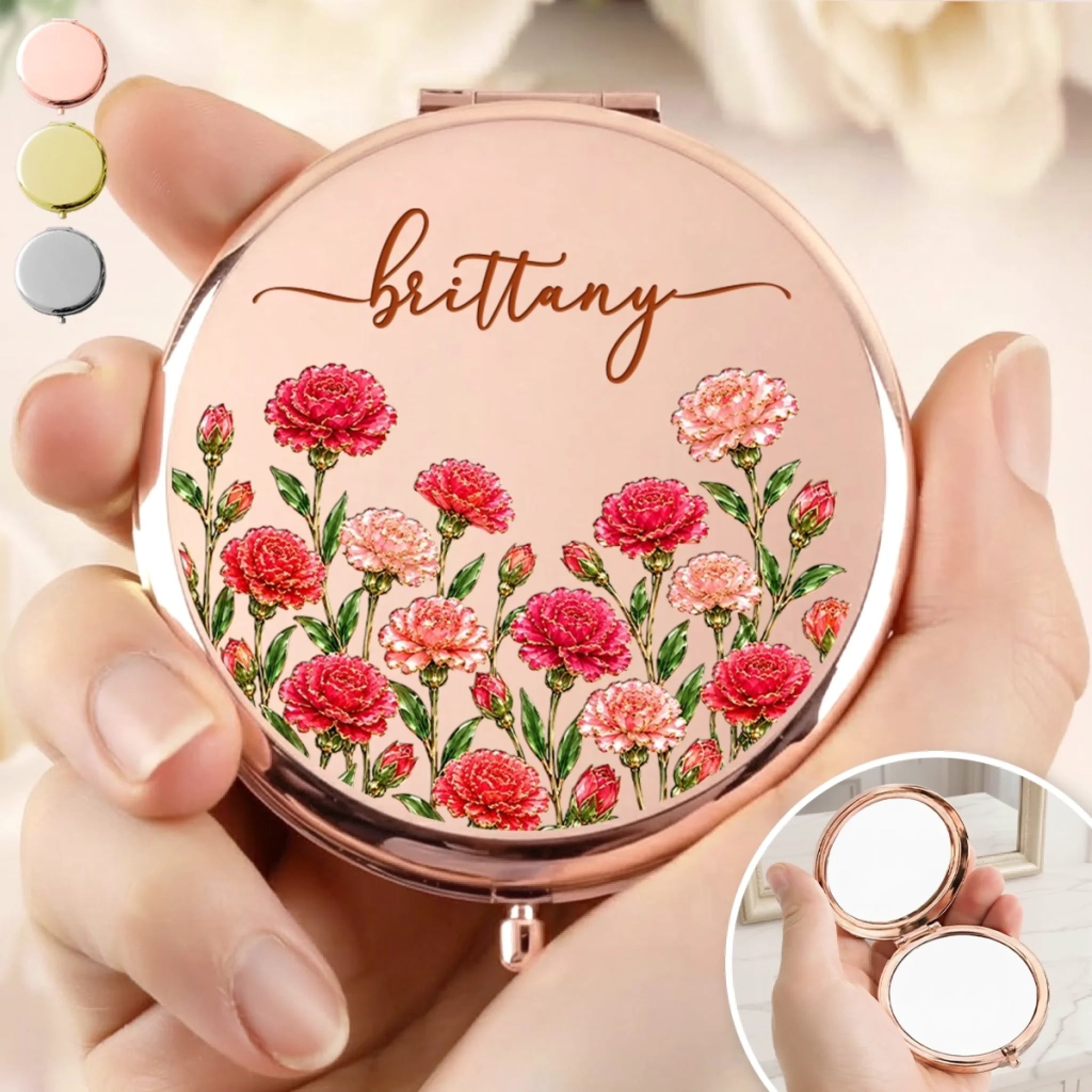 Custom Name Birth Month Flower Personalized Compact Mirror Gift for Her