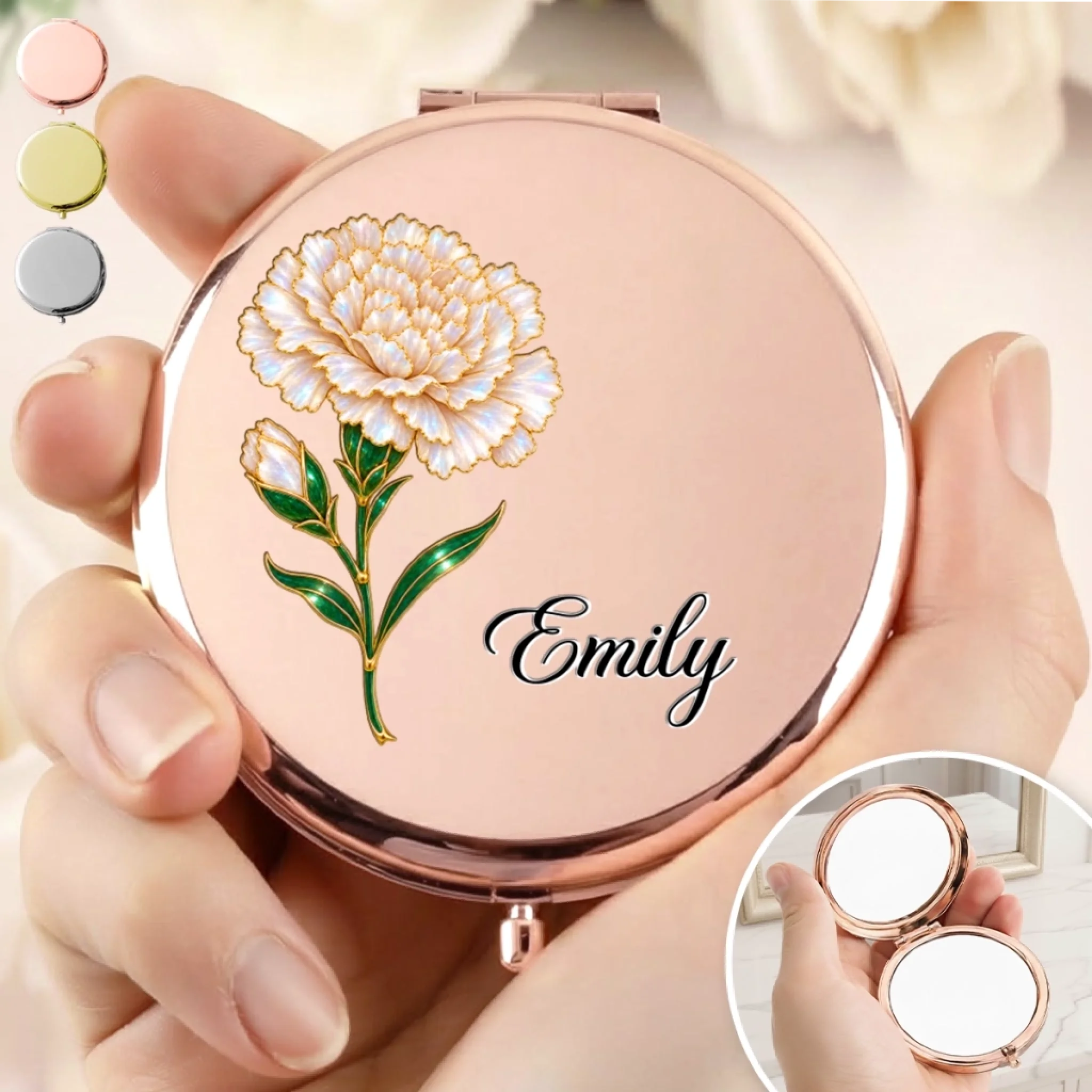 Custom Name Blooming Flower Gifts for Women Personalized Compact Mirror