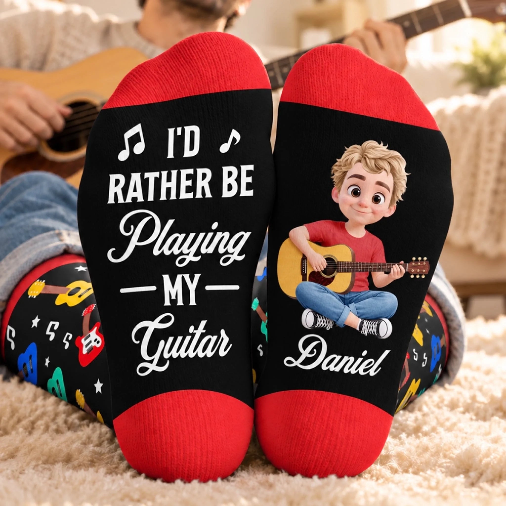 Custom Name Guitar Player Gifts Personalized Middle Tube Crew Socks for Guitarists and Music Lovers