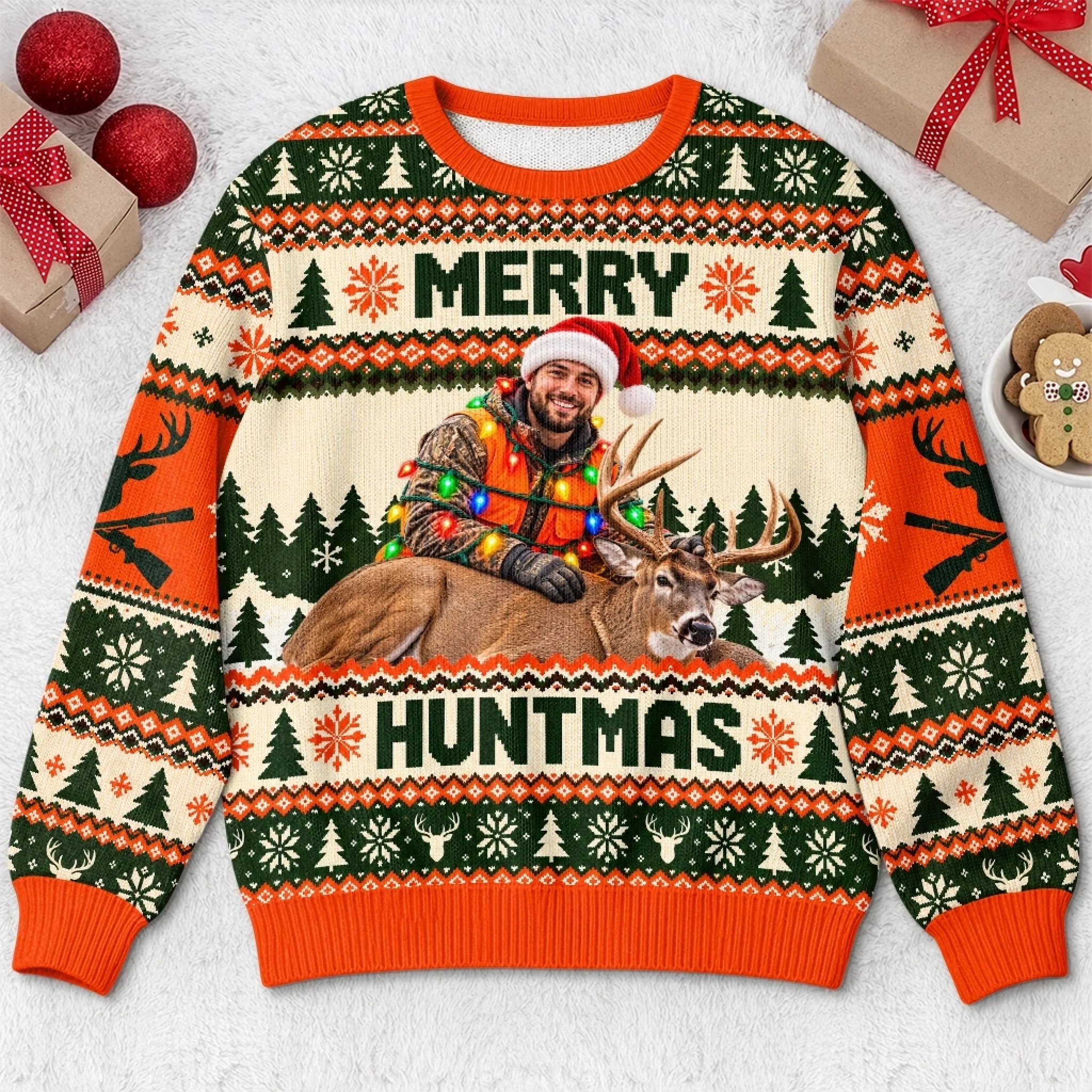 Personalized Ugly Christmas Hunting Sweatshirt for Men with Custom Photo Gift