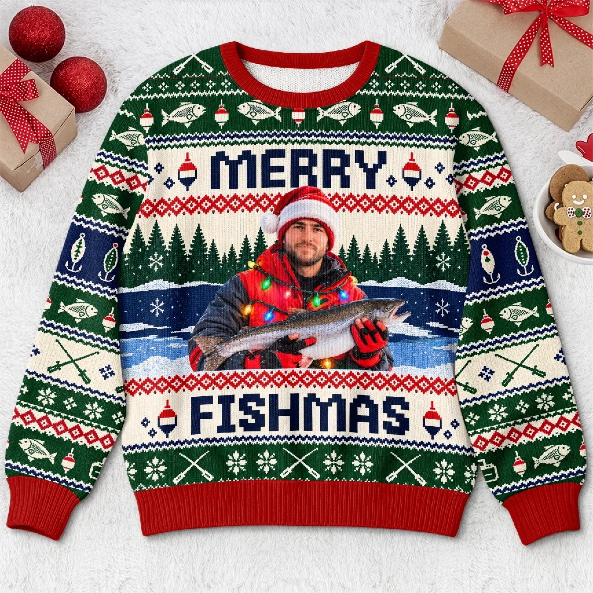 Custom Photo Fishmas Christmas Personalized Ugly Sweatshirt Gift for Anglers