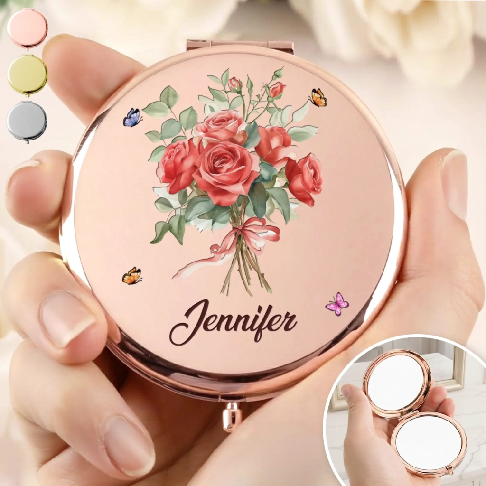 Personalized Compact Mirror with Custom Name Rose and Butterfly Bouquet Gift for Women