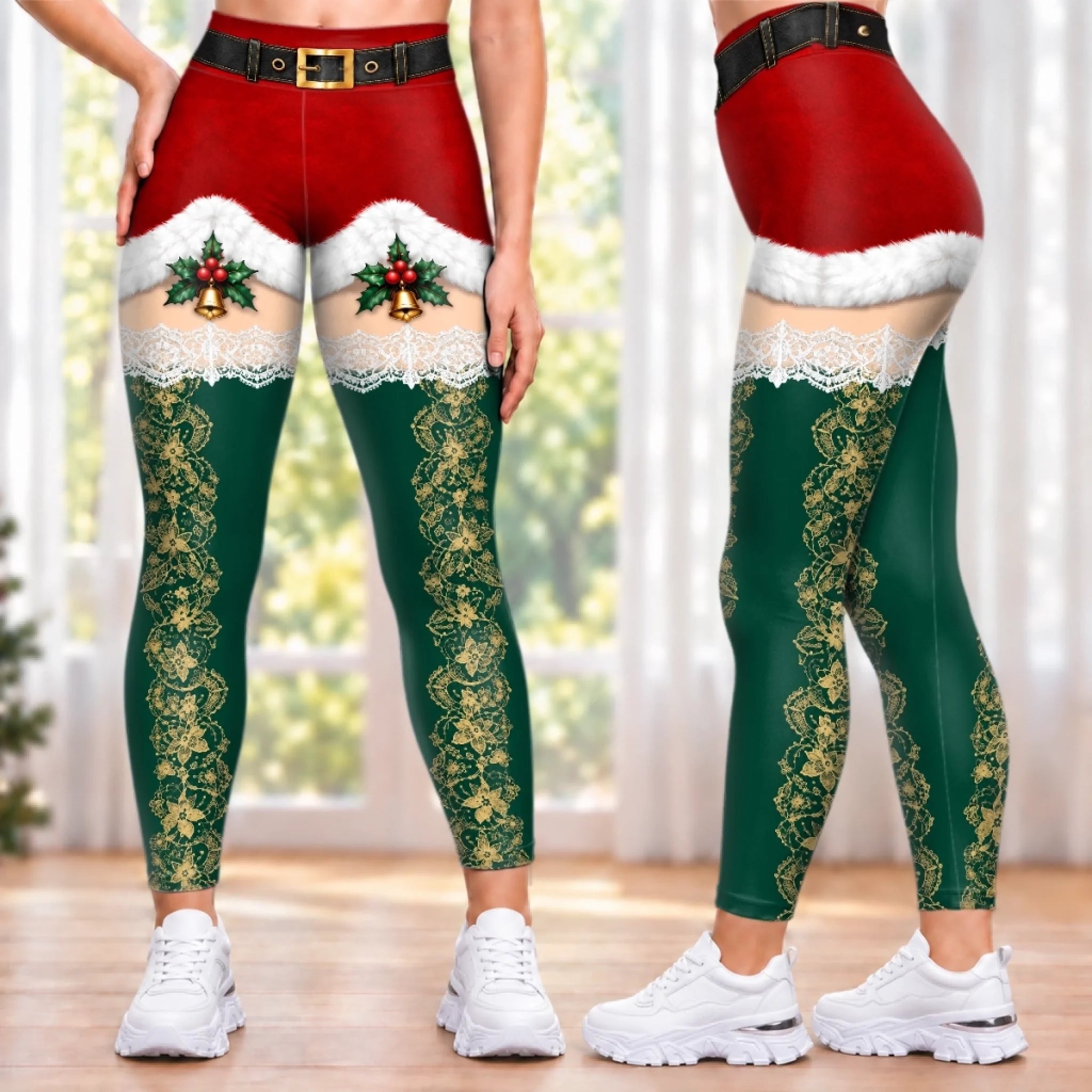 Custom Festive Christmas Santa Leggings for Women, Personalized Holiday Gift Leggings