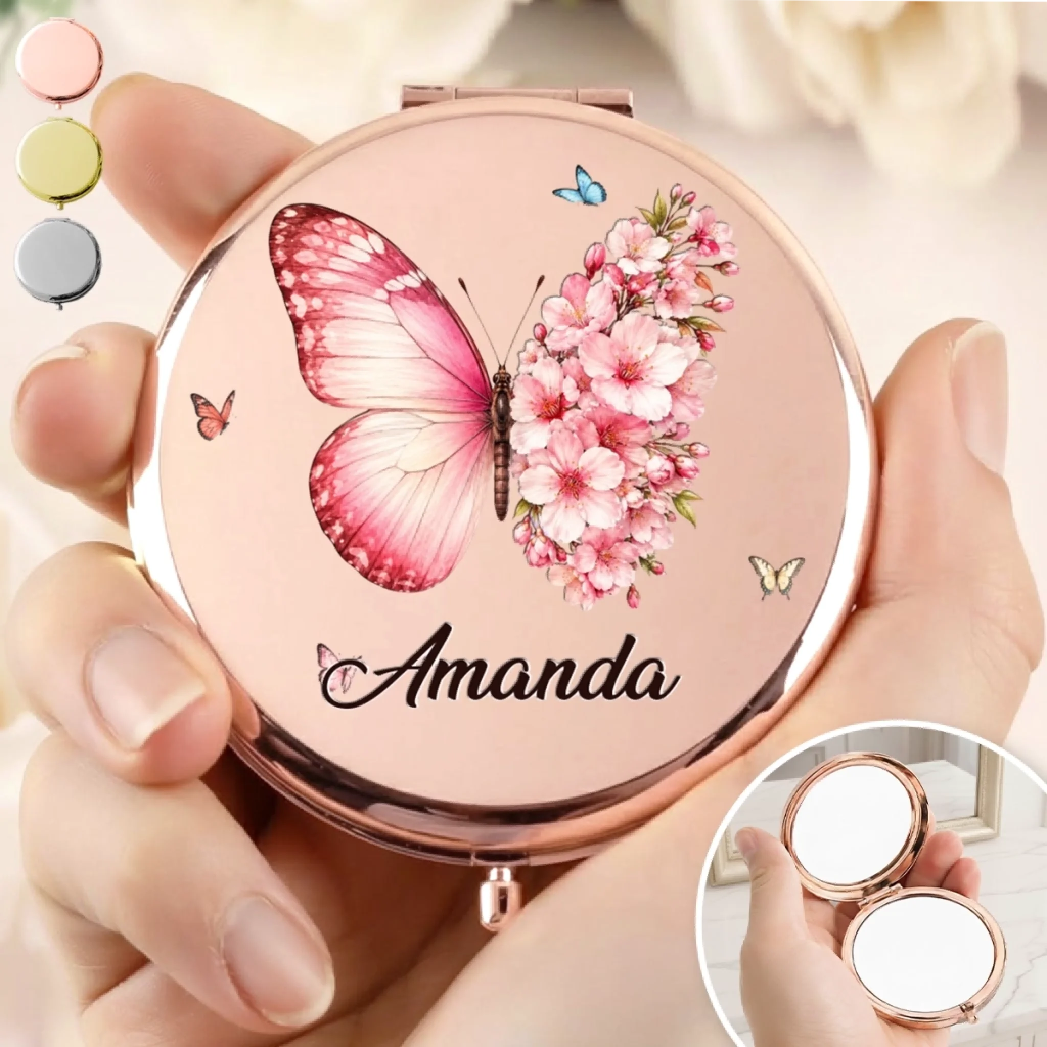 Personalized Compact Mirror with Custom Name, Butterfly Floral Gift for Women