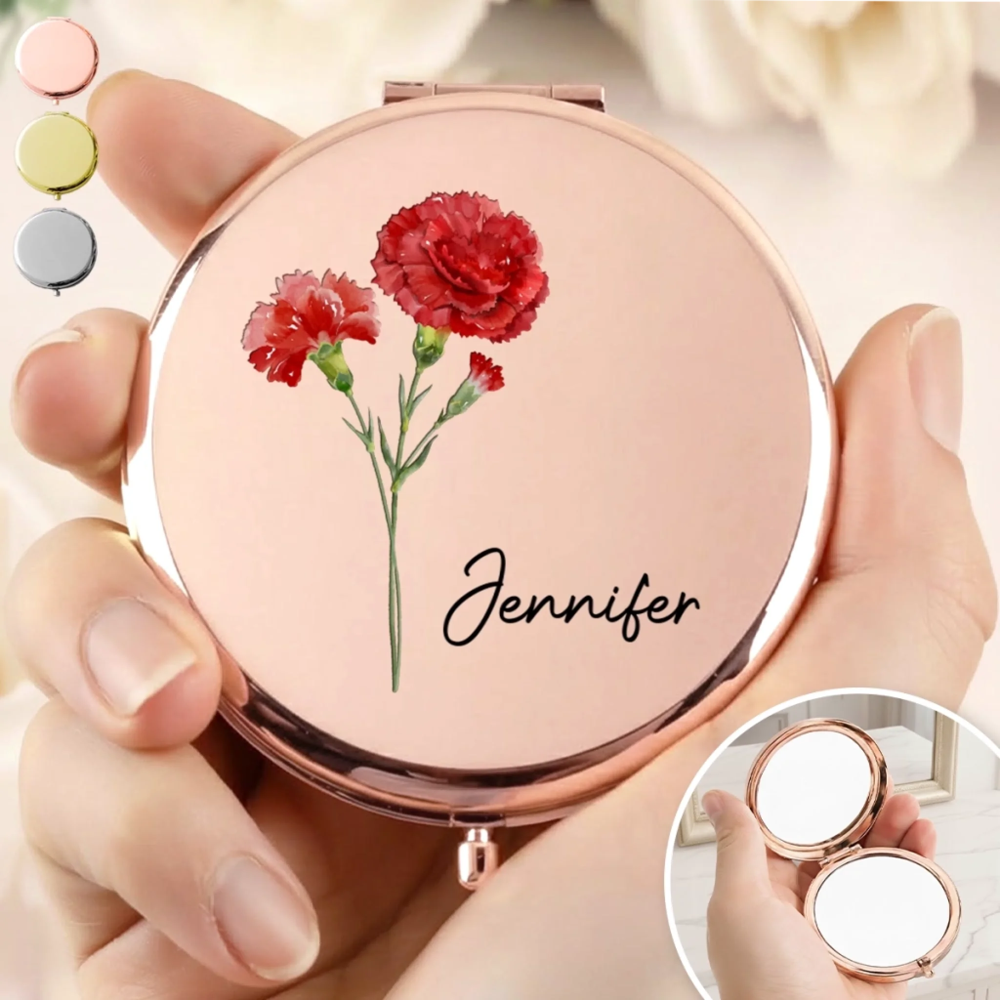 Personalized Custom Name Flower Compact Mirror Gift for Women