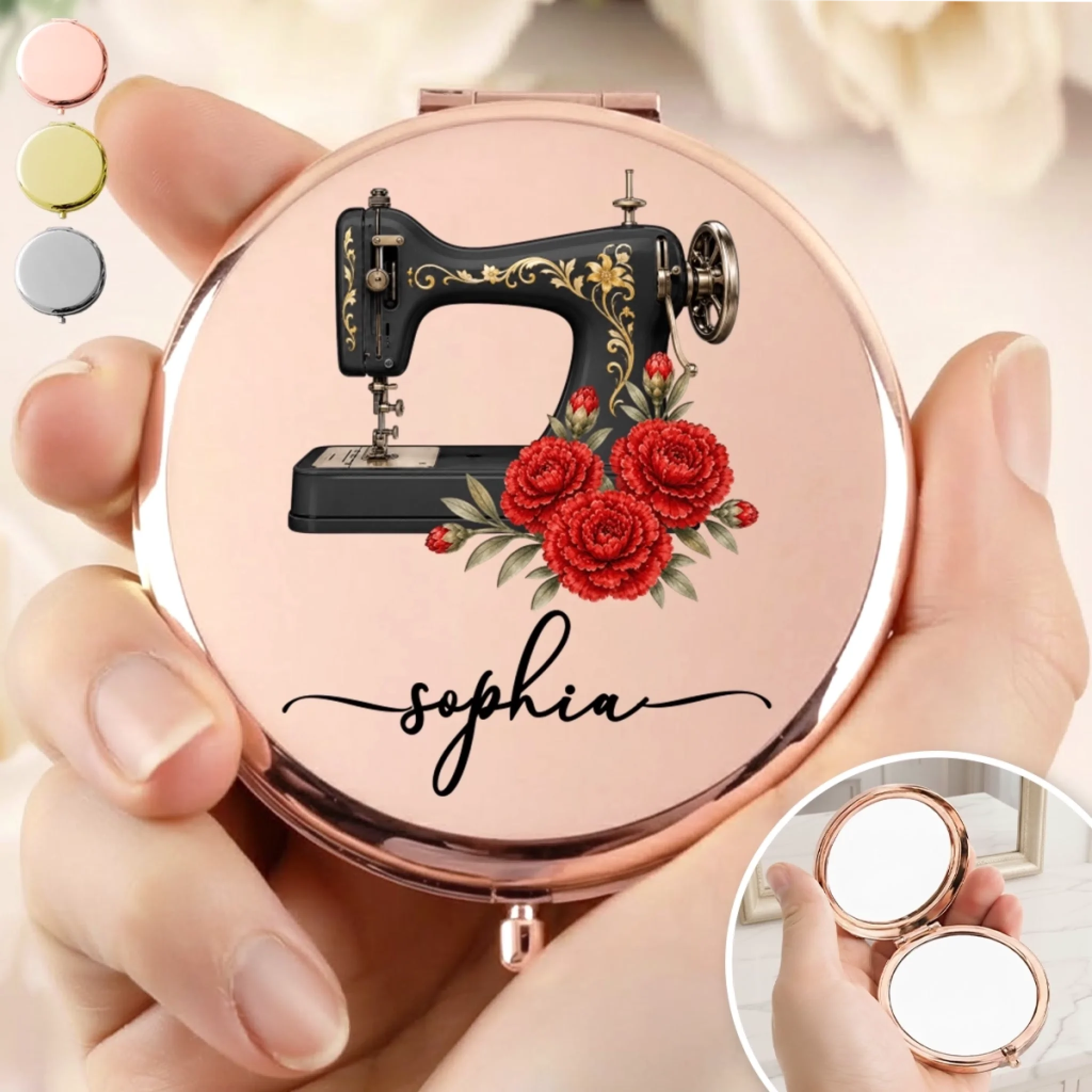 Personalized Sewing Machine Floral Compact Mirror, Custom Name Gift for Seamstresses and Women