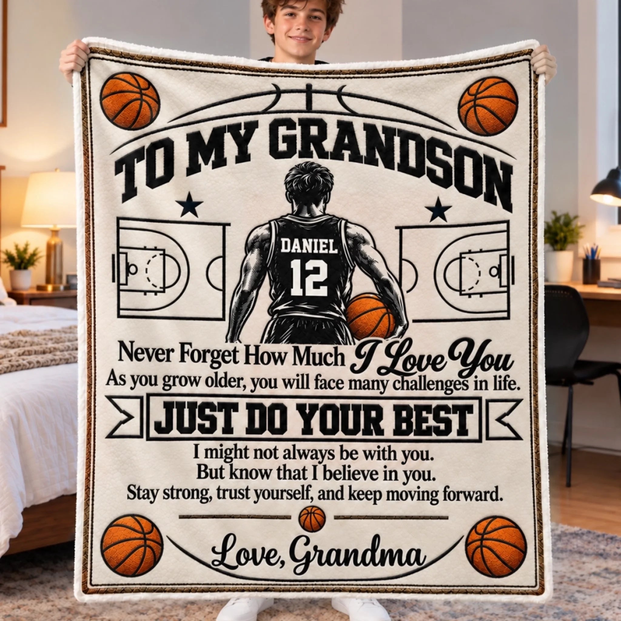 Custom Name Basketball Blanket for Grandsons, Personalized Basketball Gift Blanket