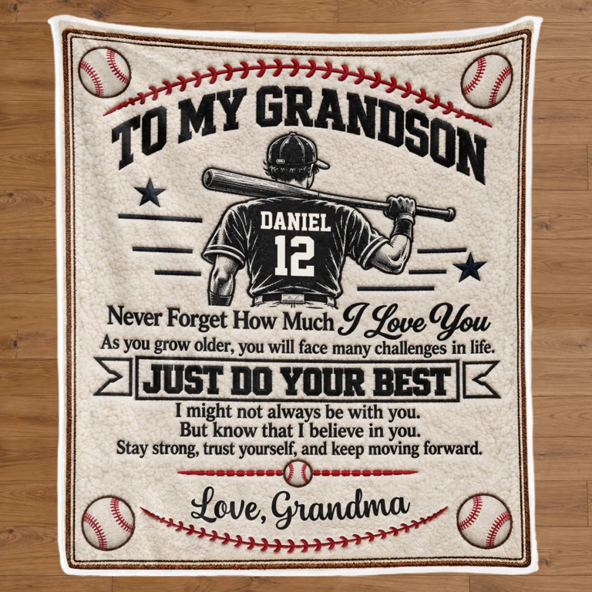 Custom Name Baseball Blanket for Grandson, Personalized Baseball Gift Blanket