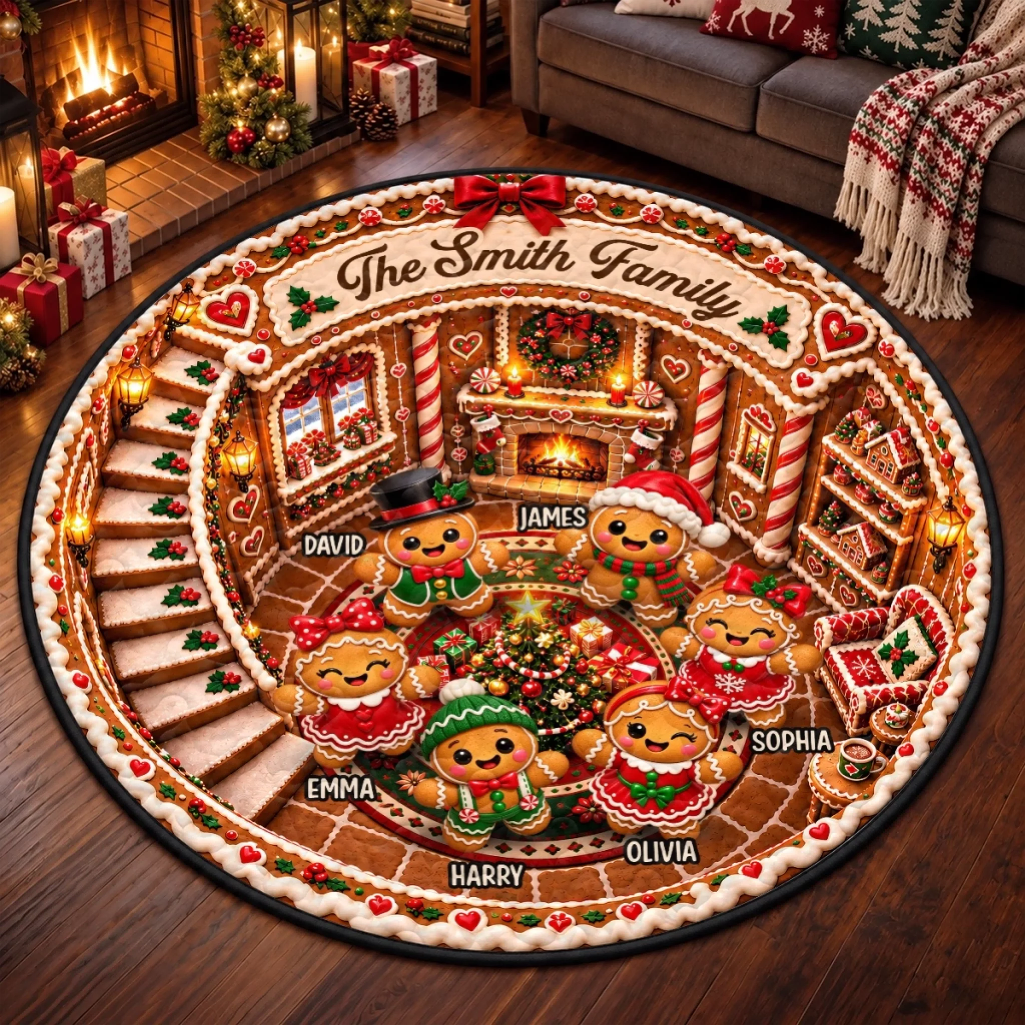 Personalized Christmas Gingerbread Family Quilted Round Mat with Custom Names for Holiday Decor