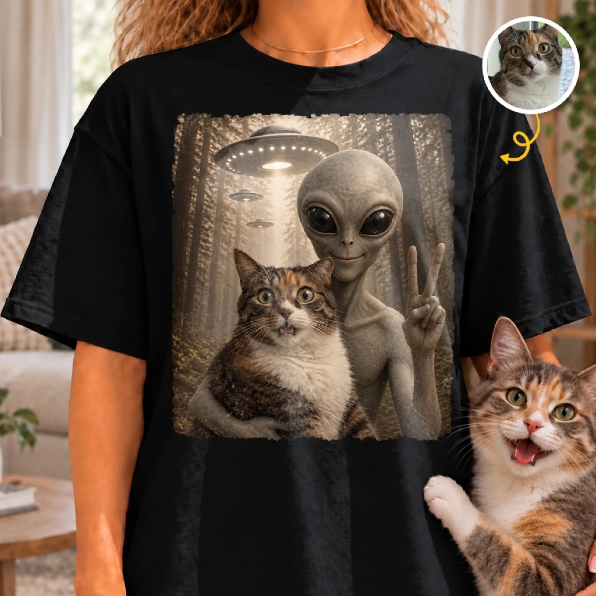 Custom Funny Pet Photo Alien UFO Personalized Comfort T-Shirt Gift for Pet Lovers