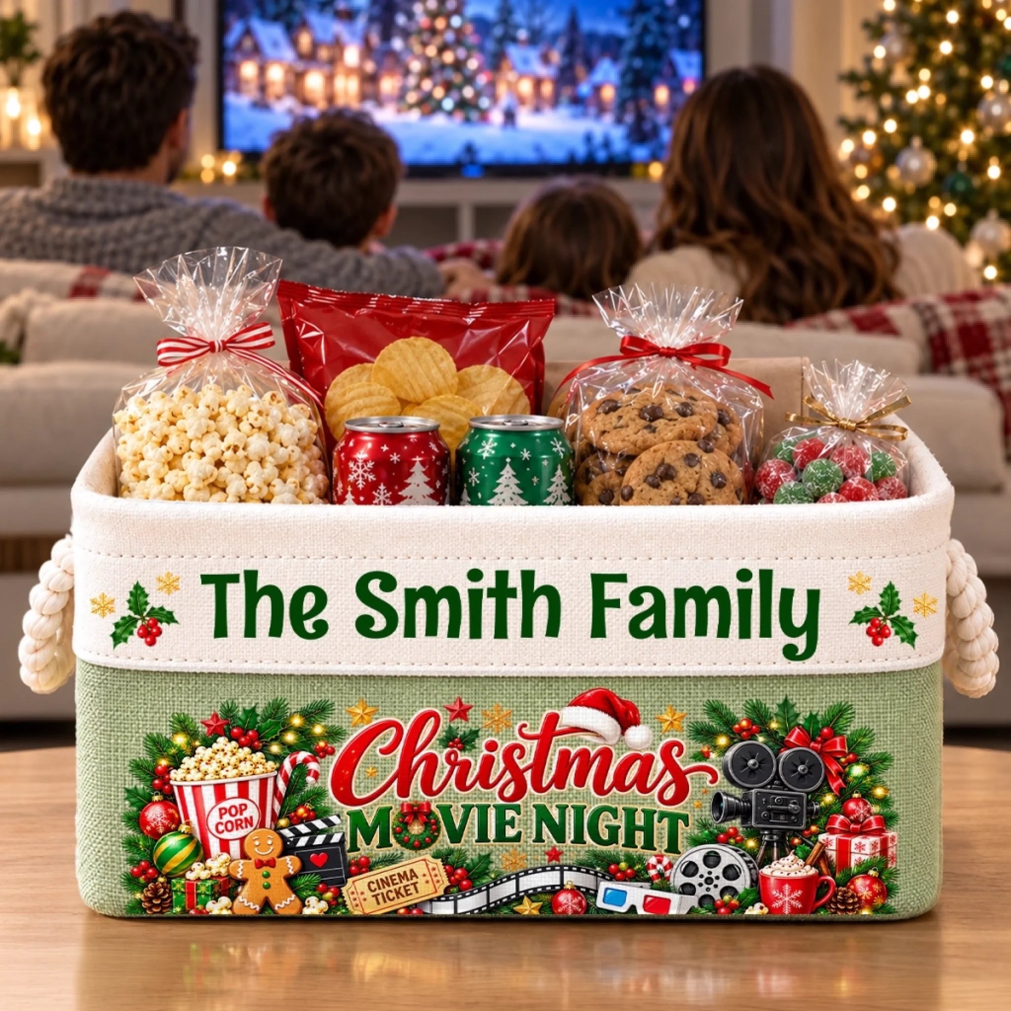 Custom Name Christmas Movie Night Personalized Storage Basket for Families Holiday Gift