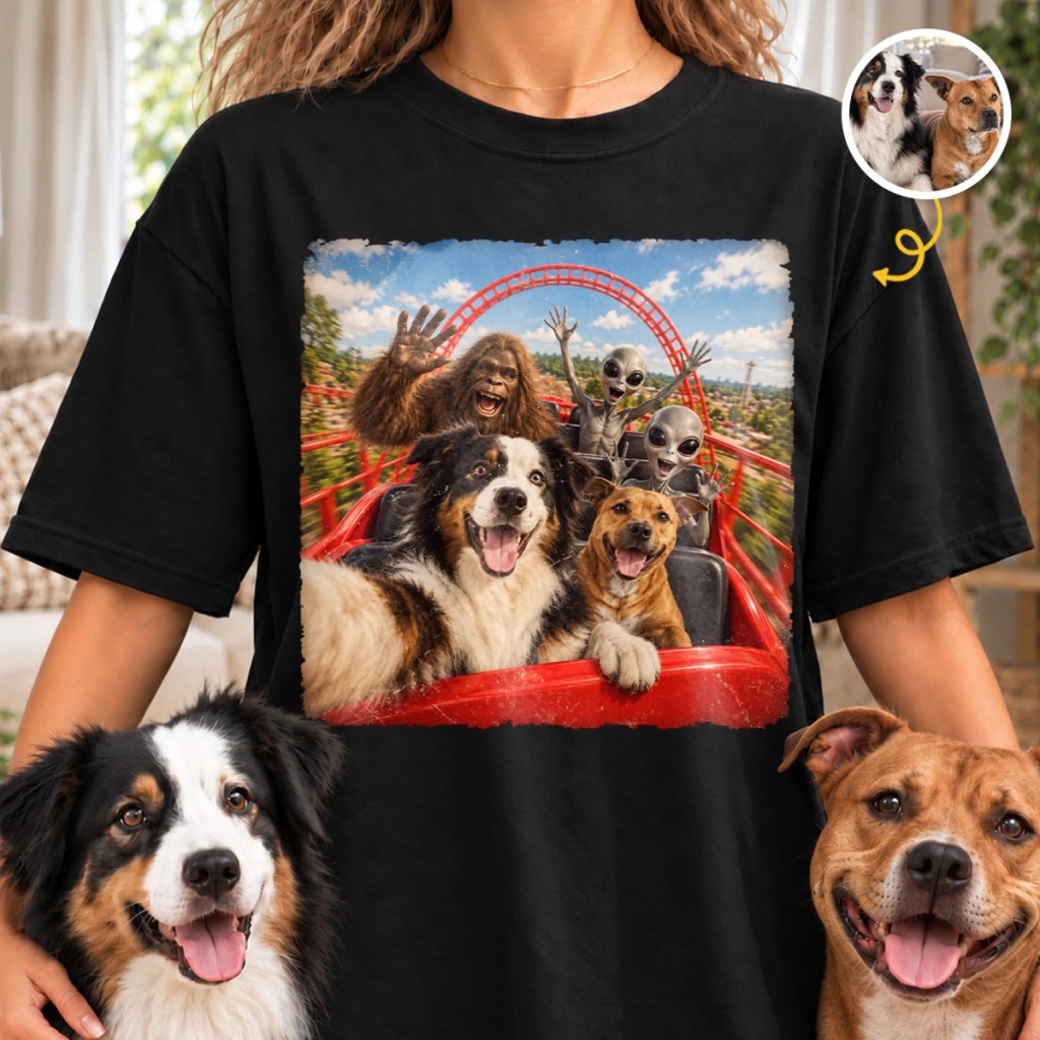 Custom Pet Photo Funny Alien Bigfoot Roller Coaster Personalized Comfort T-Shirt for Dog and Cat Lovers