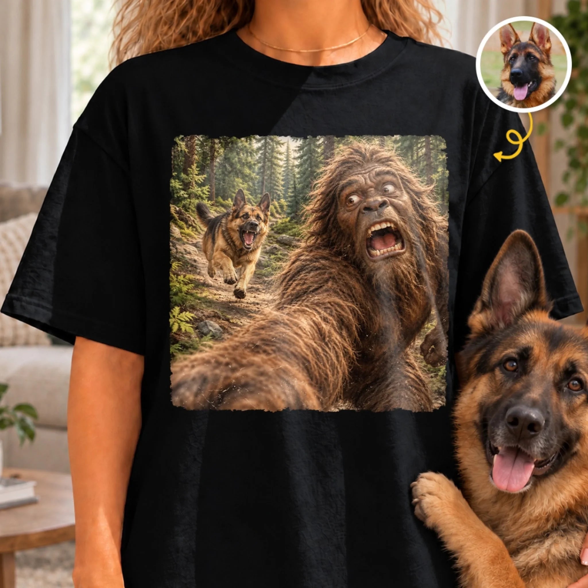 Custom Pet Photo Chasing Bigfoot Personalized Comfort T-Shirt Gift for Dog and Cat Lovers