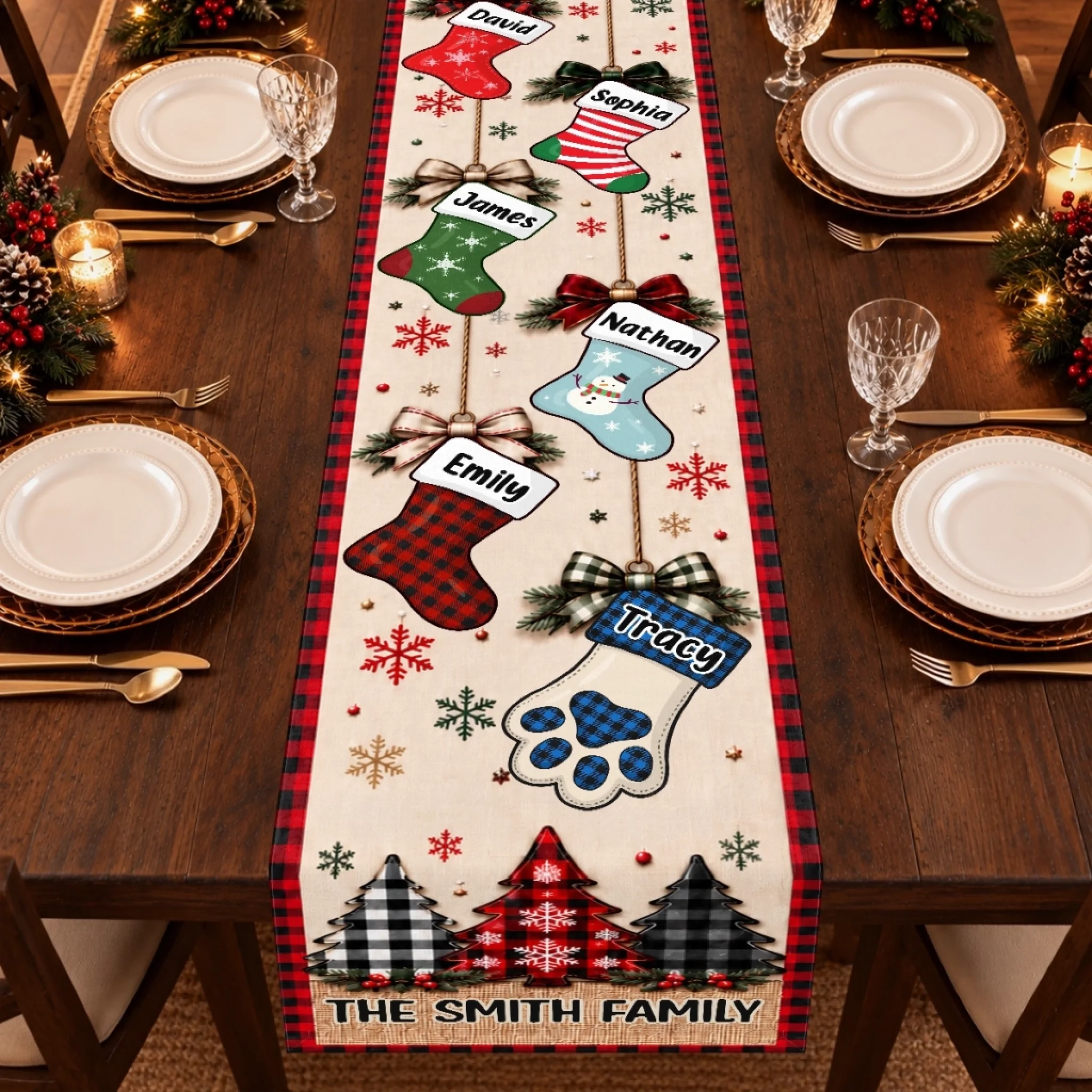 Personalized Christmas Family Table Runner with Custom Name, Holiday Dining Table Gift