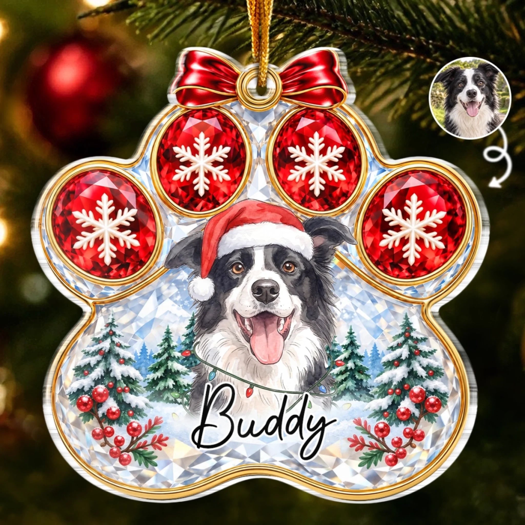 Personalized Acrylic Christmas Paw Print Ornament with Custom Pet Photo, Gift for Dog and Cat Lovers