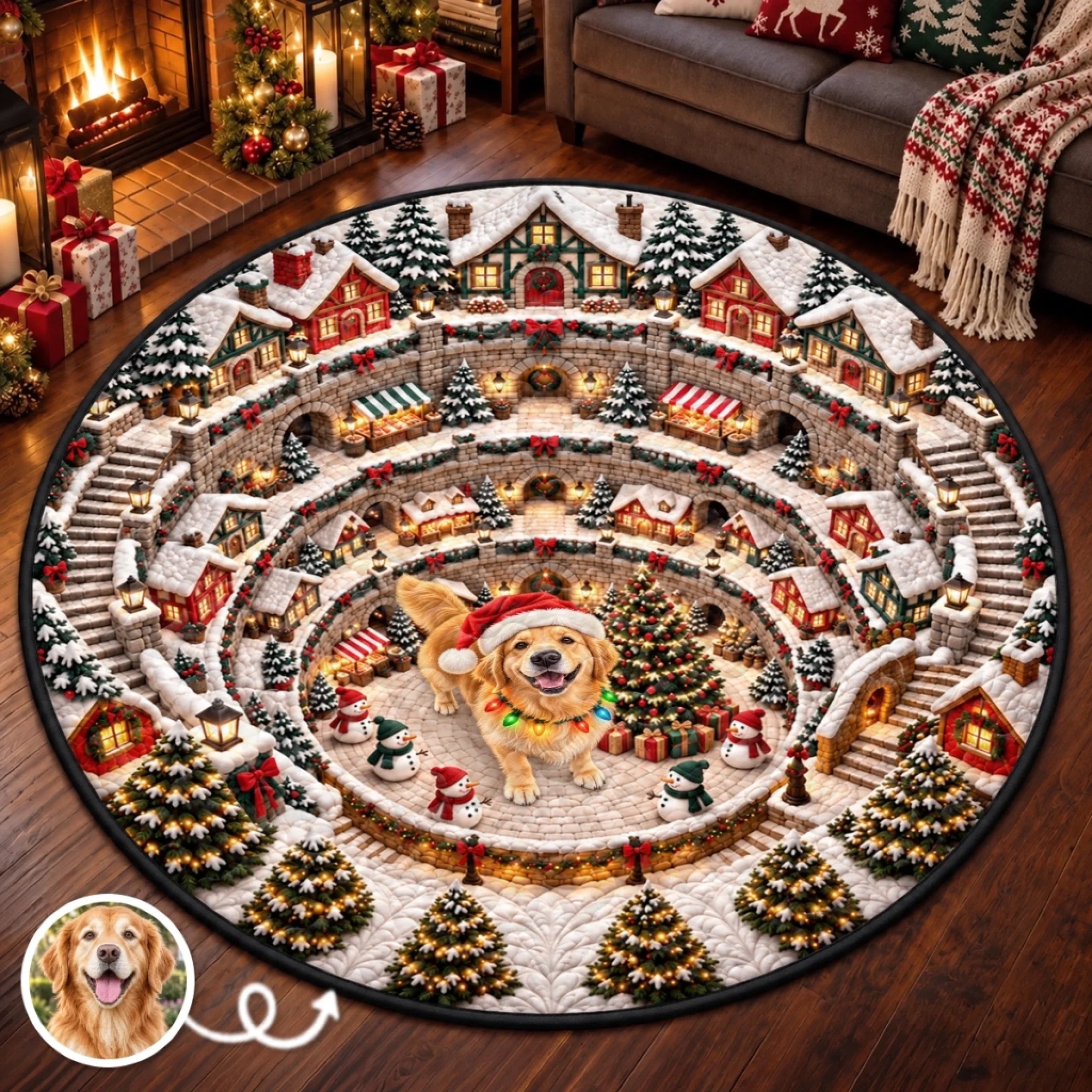 Custom Pet Photo Christmas Village Quilted Round Mat, Personalized Decor Gift for Dog and Cat Lovers