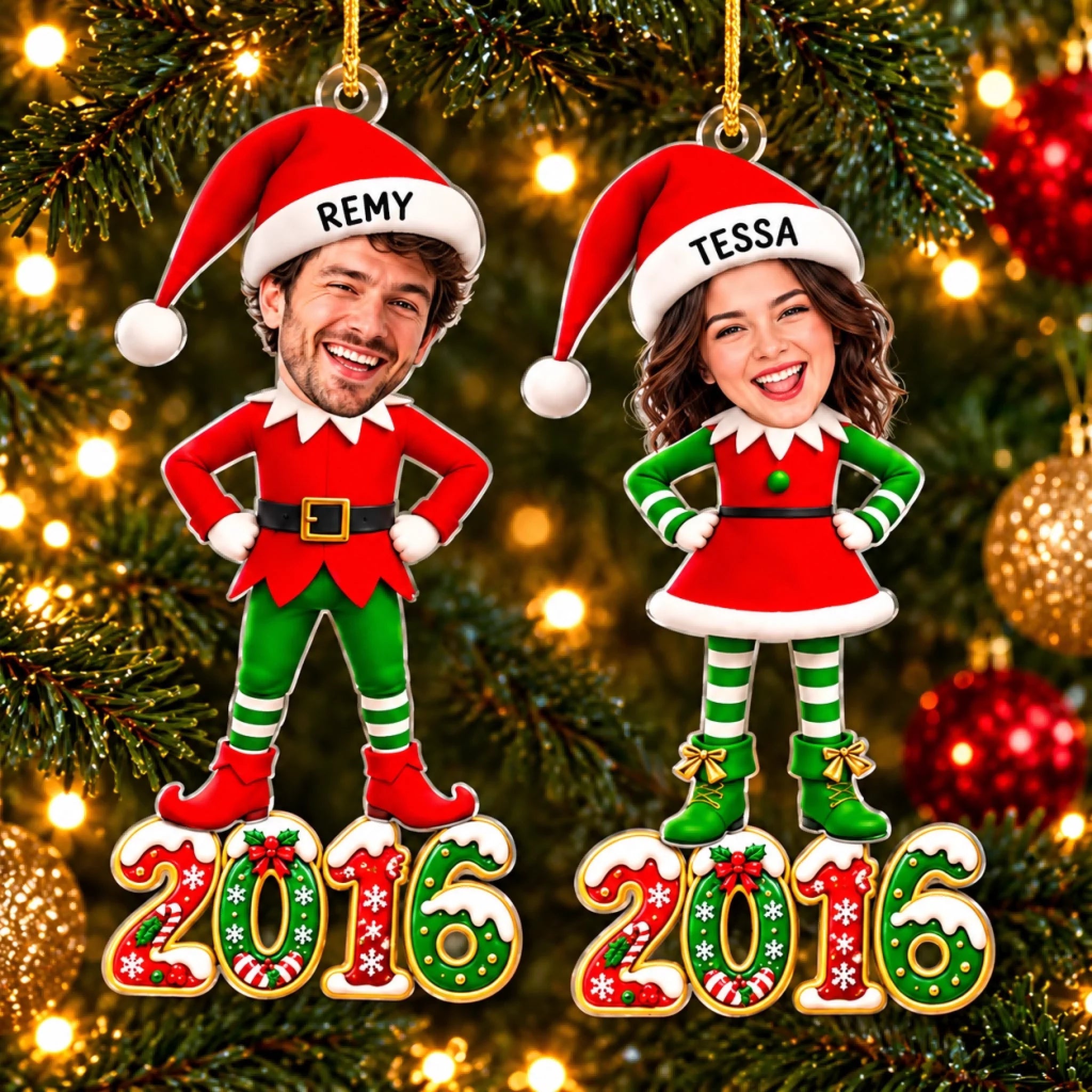 Personalized Acrylic Christmas Elf Couple Ornament with Custom Photo, Holiday Gift for Couples