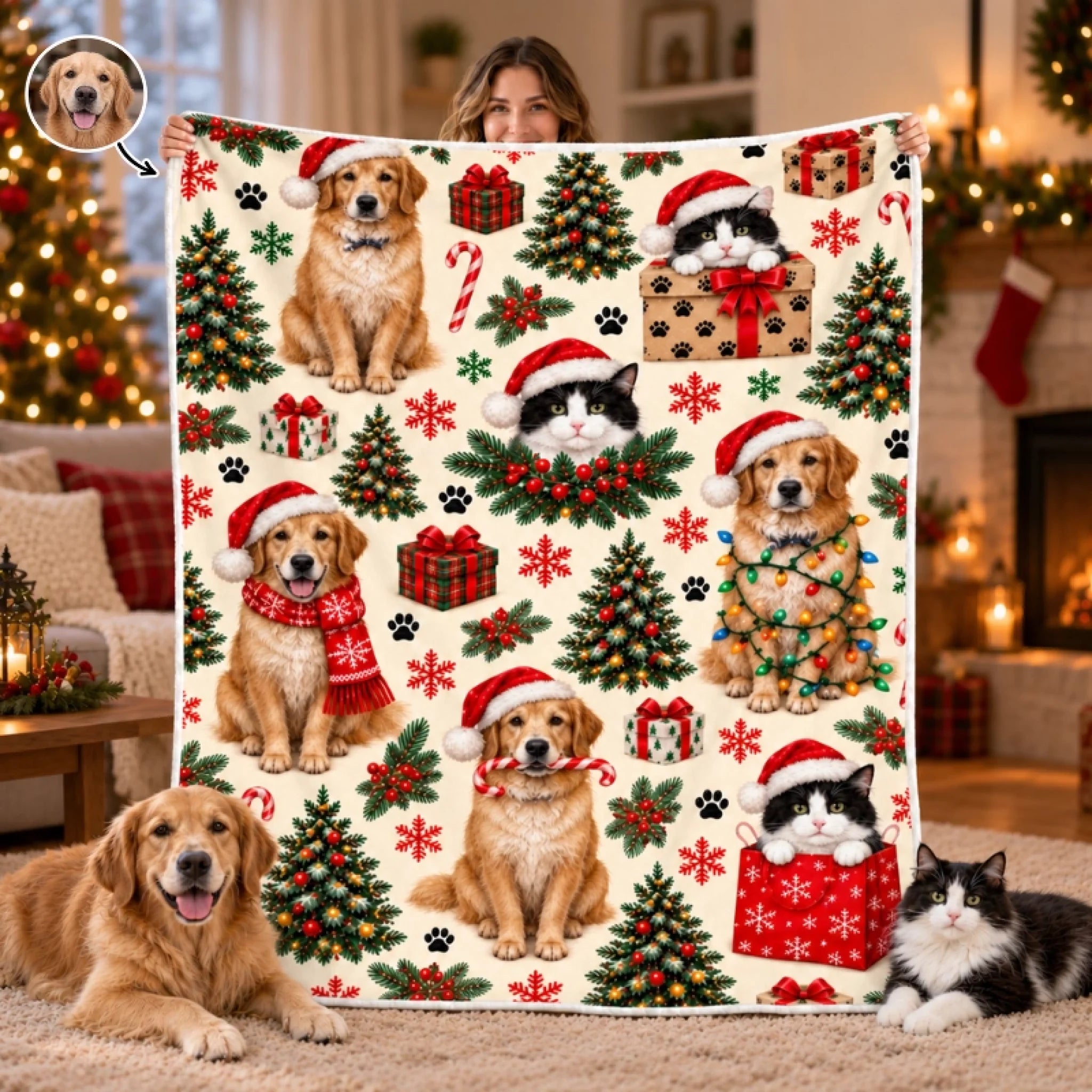 Personalized Pet Photo Pattern Christmas Blanket, Custom Gift for Dog and Cat Lovers