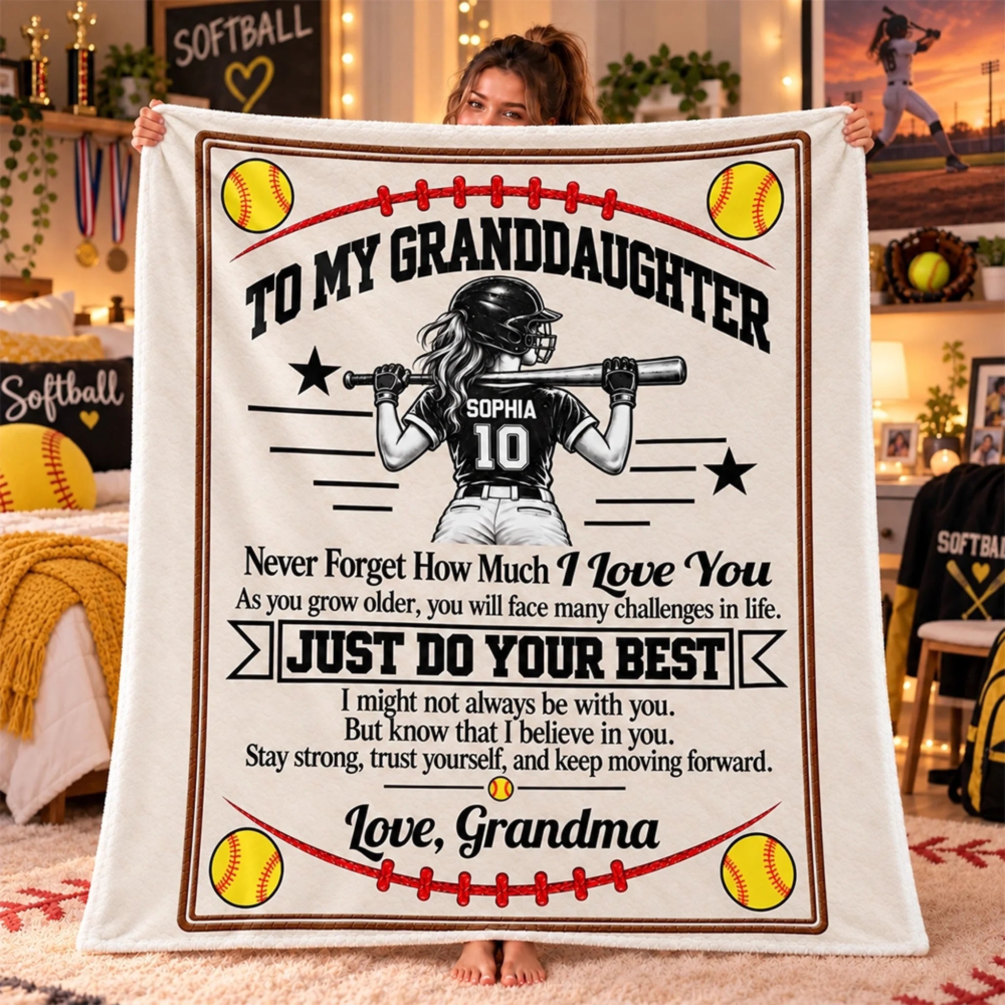 Custom Name Softball Blanket for Granddaughter, Personalized Softball Gift Blanket