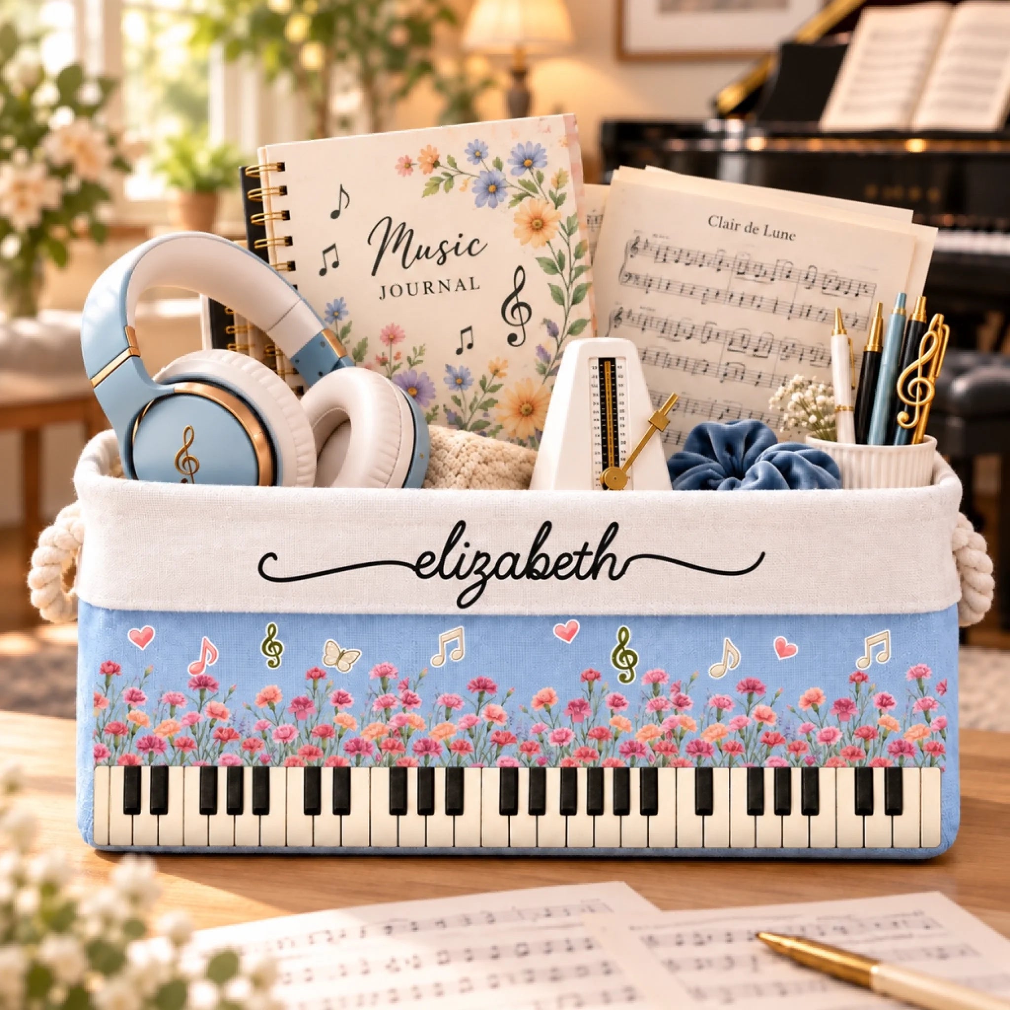 Personalized Birth Month Flower Music Note Storage Basket, Custom Name Gift for Piano Lovers