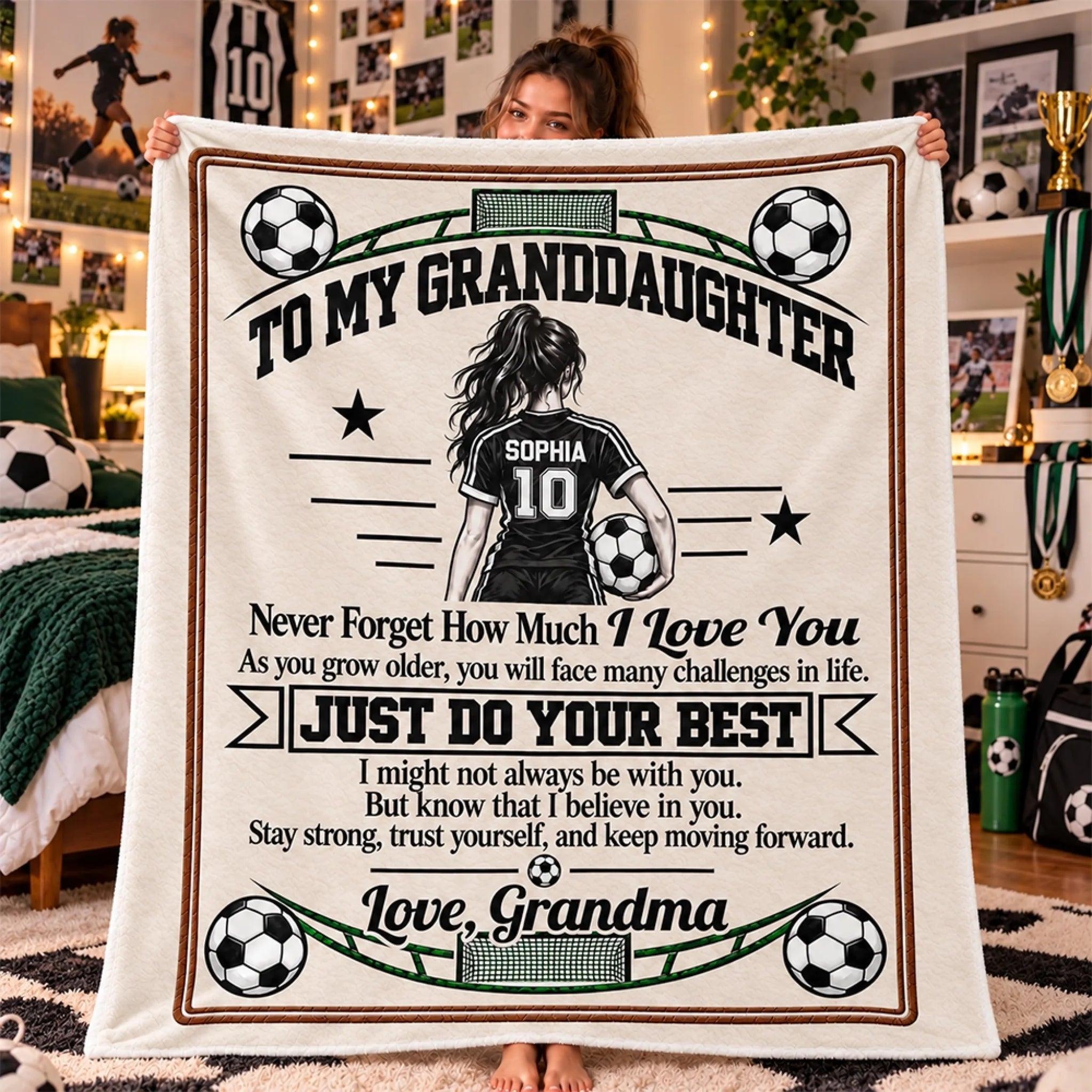 Personalized Soccer Motivation Blanket for Granddaughter, Custom Name Inspirational Gift