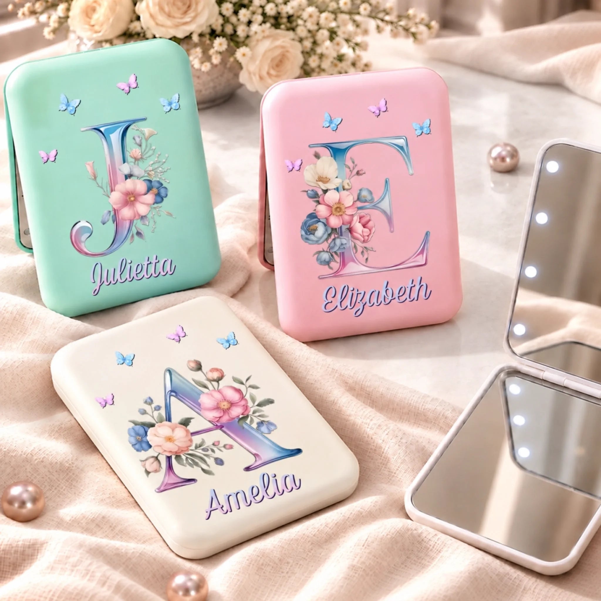 Personalized Butterfly Monogram LED Compact Makeup Mirror, Custom Vanity Gift for Her