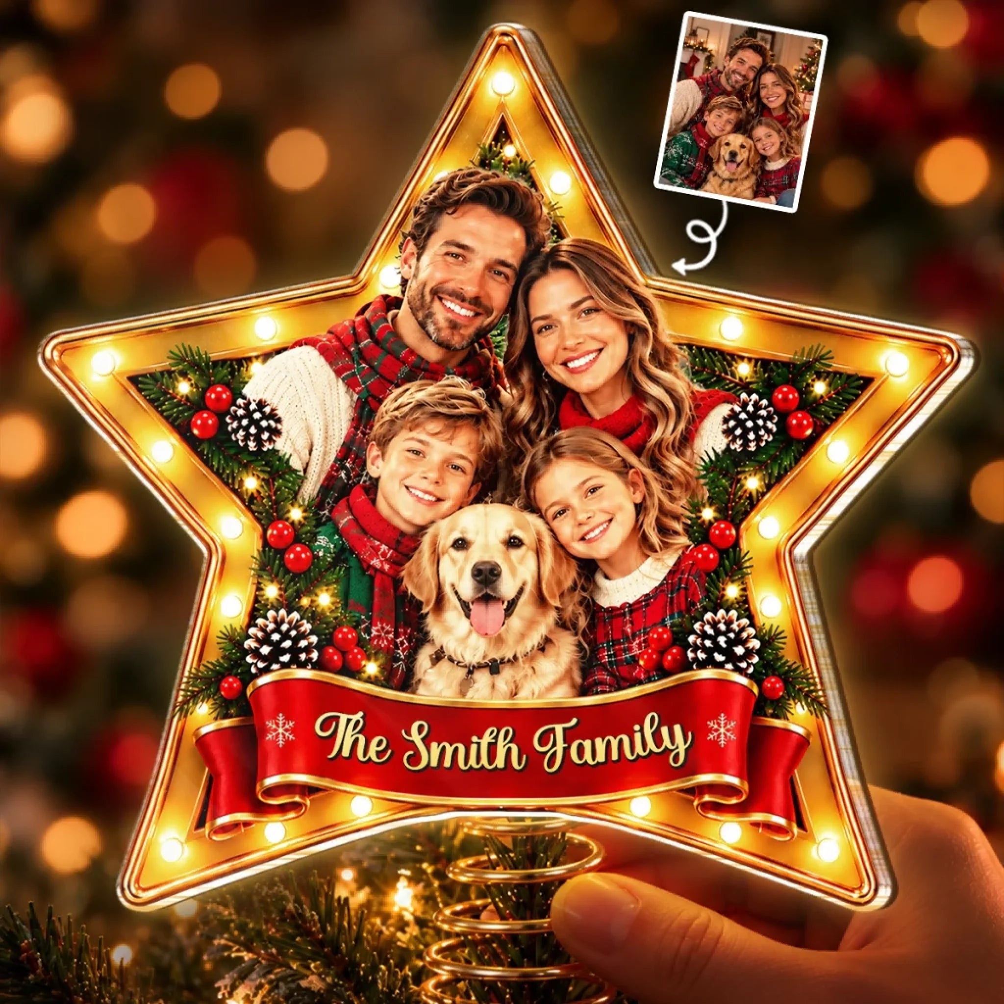 Personalized LED Christmas Tree Topper with Custom Family Photo, Lighted Holiday Gift