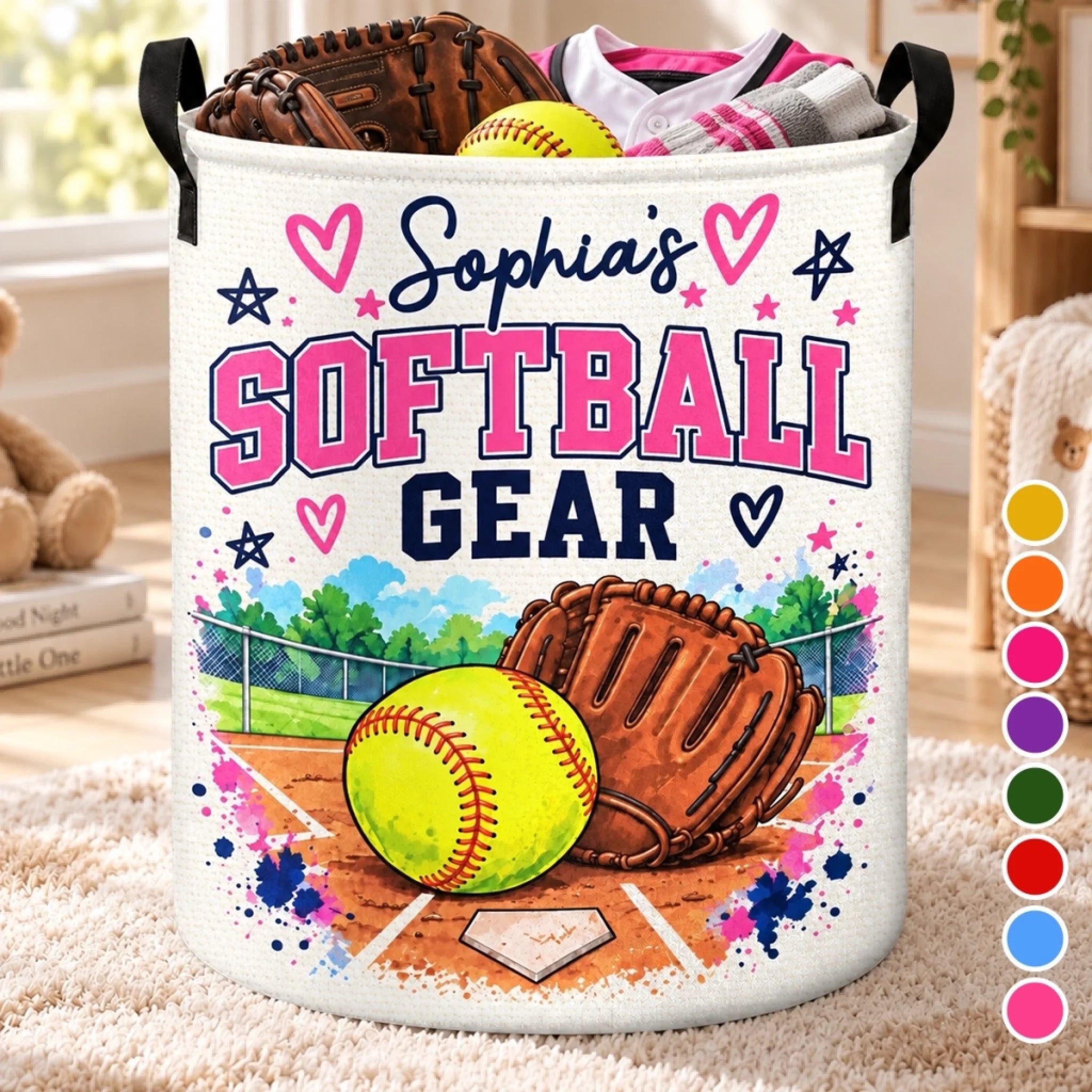Custom Name Softball Gear Laundry Basket, Personalized Gift for Players and Team Decor