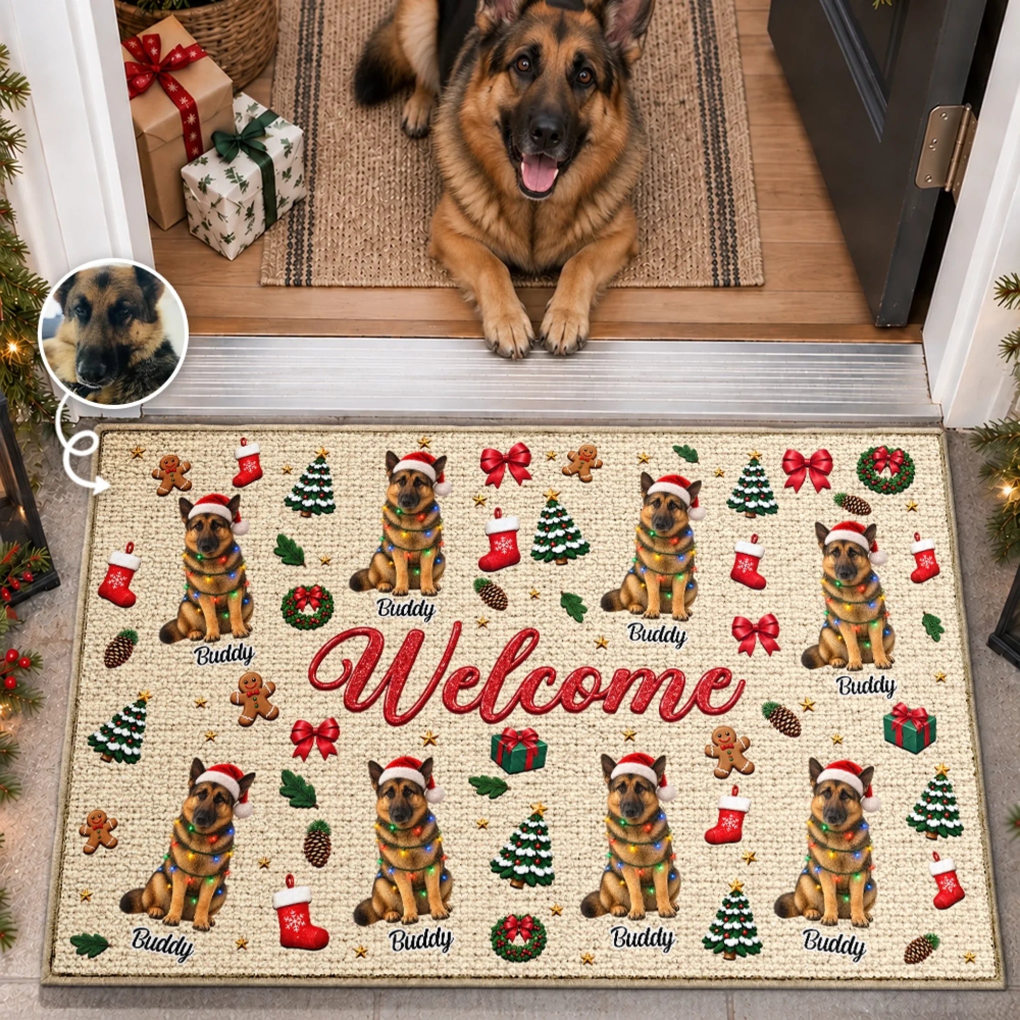 Custom Pet Photo Christmas Doormat, Personalized Decorative Mat Gift for Dog Lovers