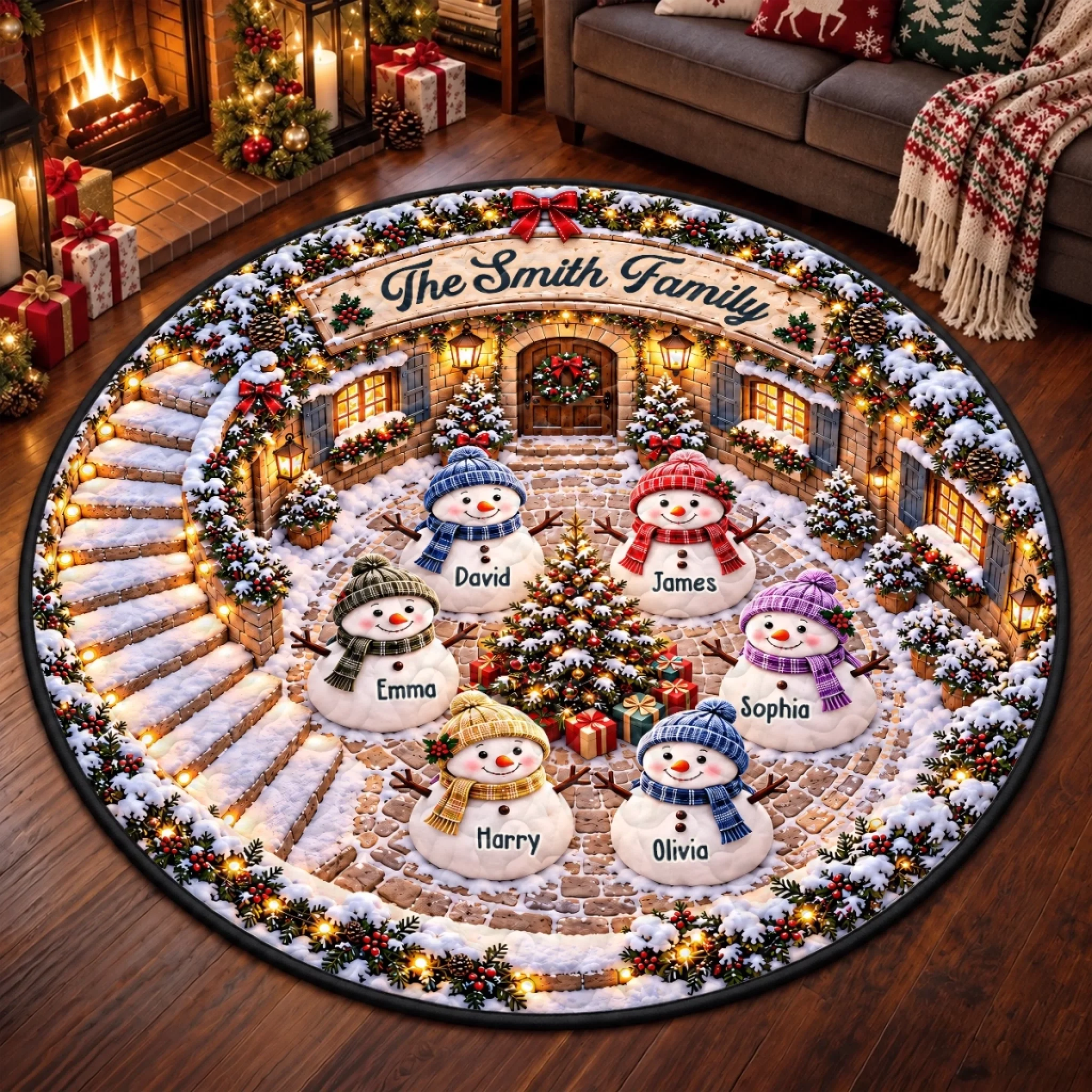 Personalized Christmas Snowman Family Quilted Round Mat with Custom Names for Holiday Home Decor