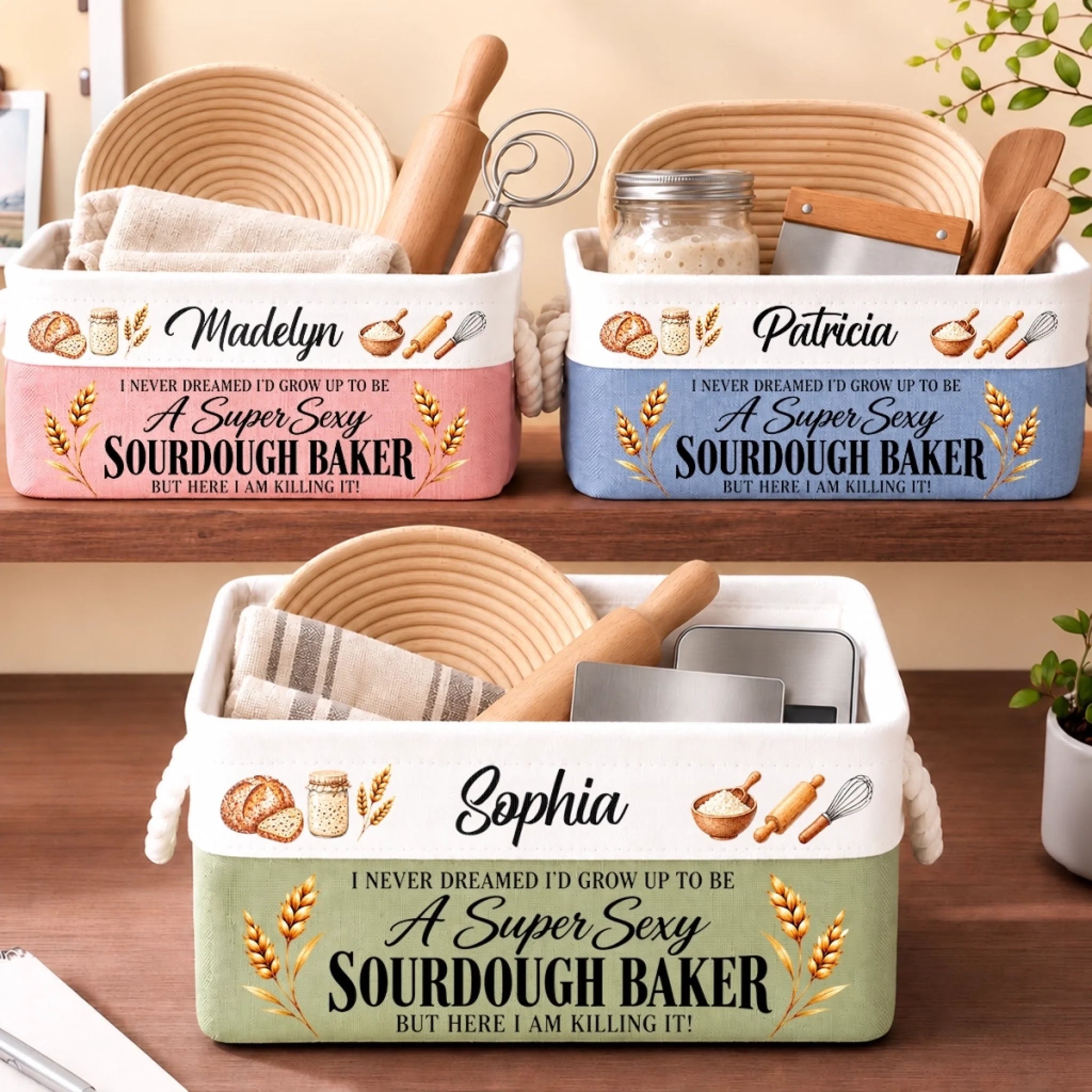 Custom Name Sourdough Baker Gift Personalized Storage Basket for Bread Making Supplies