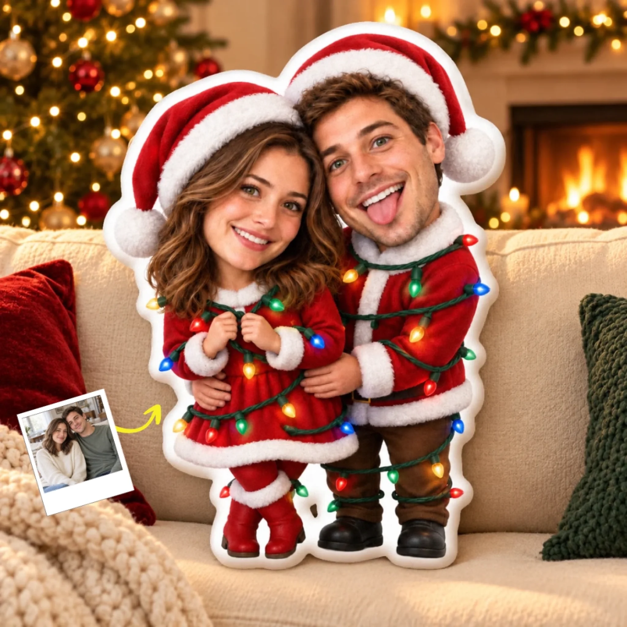 Custom Photo Christmas Shaped Pillow for Couples, Personalized Holiday Gift with Name